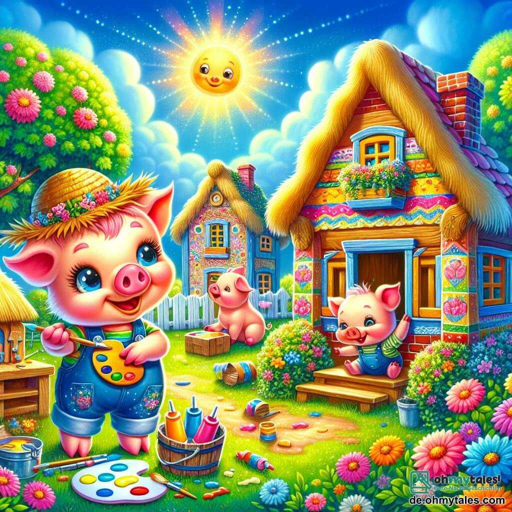 Illustration destinée aux enfants représentant une scène vibrante et colorée dans un village ensoleillé, où des maisons aux façades en briques, en bois peint et en paille se dressent sous un ciel bleu éclatant, entourées de fleurs multicolores et d'arbres verdoyants. Au premier plan, un petit cochon aux oreilles roses et au pelage doux, portant un petit chapeau de paille, travaille avec détermination à la construction de sa maison en briques, tandis qu'un autre petit cochon, avec un tablier coloré et une palette de peinture à la main, décore joyeusement sa maison en bois à côté. Un troisième petit cochon, aux yeux pétillants et aux cheveux en désordre, s'amuse à embellir sa maison en paille avec des rubans scintillants. La scène dégage une ambiance de camaraderie et de créativité, illustrant le moment où les trois petits cochons unissent leurs forces pour réaliser leurs rêves de construction, tout en riant et en s'encourageant les uns les autres.