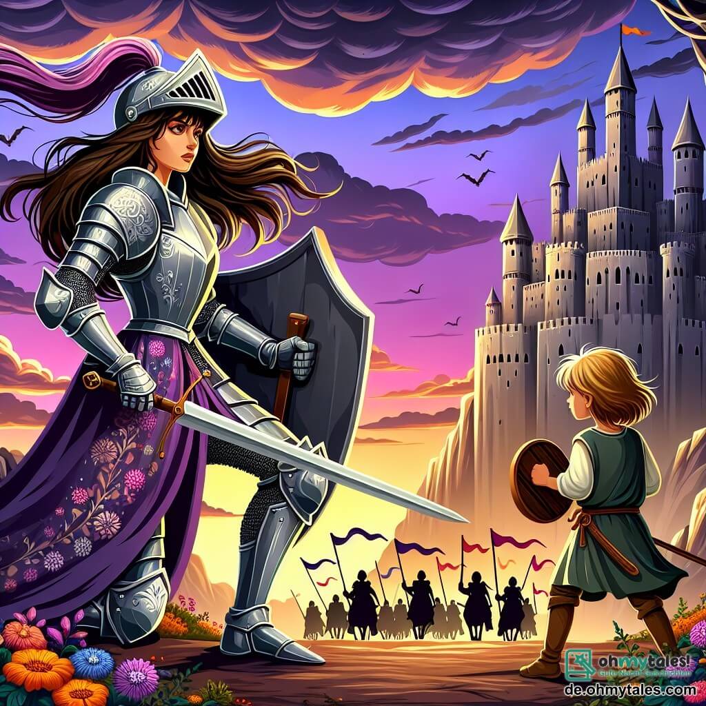 Eine Illustration zeigt eine epische Szene vor einem majestätischen Schloss mit grauen Steinmauern und hohen Türmen, die unter einem orange- und violettfarbenen Himmel bei Sonnenuntergang emporragen. Im Vordergrund steht eine mutige Ritterin mit langen braunen Haaren, die unter ihrem silbernen Helm wehen, und trägt eine glänzende Rüstung mit floralen Mustern. Sie schwingt stolz ihr Schwert, bereit, ihr Königreich zu verteidigen, mit einem entschlossenen und resoluten Gesichtsausdruck. An ihrer Seite steht ein kleiner Junge von etwa acht Jahren mit zerzausten blonden Haaren und funkelnden, mutigen Augen, der eine einfache Tunika und ein kleines Holzschild trägt. Er schaut die Ritterin bewundernd an, bereit, ihr im Kampf zu helfen. Die Szene zeigt einen spannungsgeladenen Moment, während eine feindliche Armee naht, dunkle Silhouetten zeichnen sich am Horizont ab. Fahnen wehen im Wind, und bunte Blumen säumen den Weg zum Schloss und verleihen dieser gefährlichen Situation einen Hauch von Schönheit. Die Atmosphäre ist voller Energie und Tapferkeit und veranschaulicht das Thema von Freundschaft und Mut angesichts der Widrigkeiten.