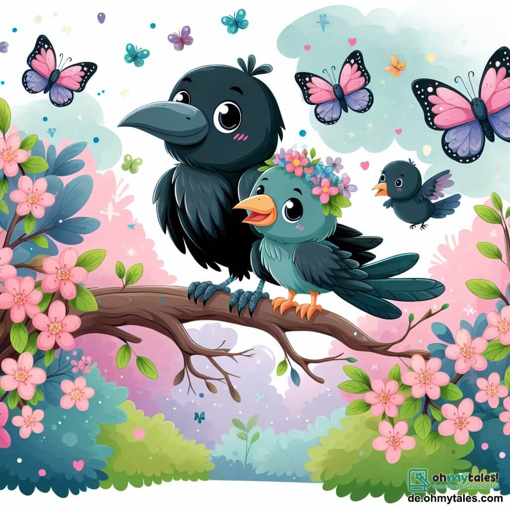 Une illustration destinée aux enfants représentant un corbeau malicieux et curieux, une petite fille oiseau, perchée sur une branche fleurie au milieu d'une forêt enchantée avec des papillons multicolores virevoltant autour d'eux.