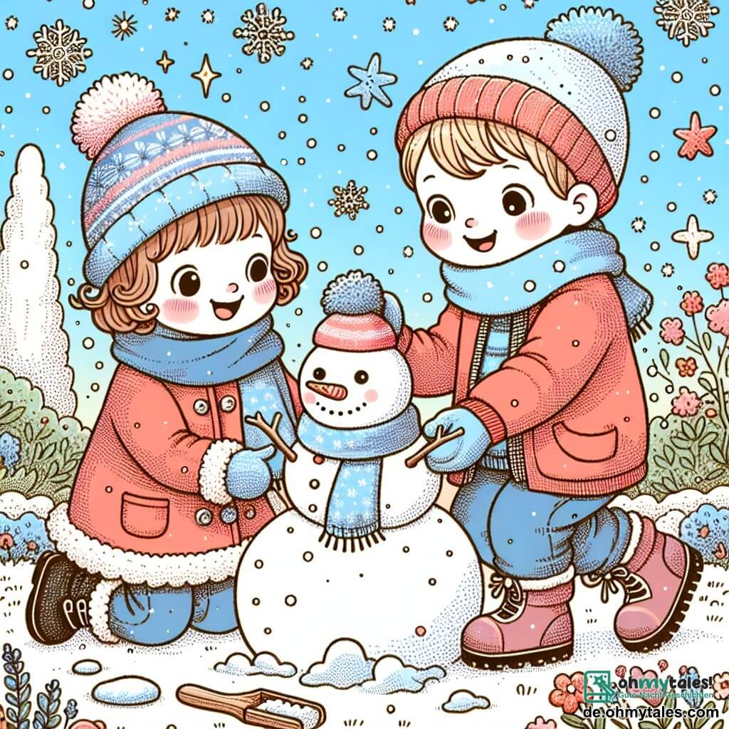 Une illustration sous forme de dessin destinée aux enfants représentant un jardin enneigé, avec un petit garçon de 3 ans aux cheveux blonds et aux joues roses, vêtu d'une veste rouge et d'une écharpe bleue, en train de construire un bonhomme de neige avec sa meilleure amie, une petite fille aux cheveux bruns et bouclés, habillée d'un manteau rose, tandis qu'ils rient joyeusement sous un ciel bleu clair parsemé de flocons de neige scintillants.