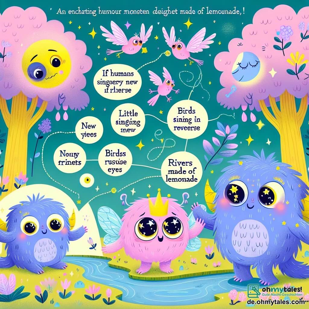 Une illustration destinée aux enfants représentant un petit monstre rigolo aux yeux pétillants, accompagné de sa nouvelle amie, une petite créature volante aux ailes scintillantes, explorant un monde fantastique aux arbres lila, aux oiseaux chantant à l'envers, et aux rivières de limonade.
