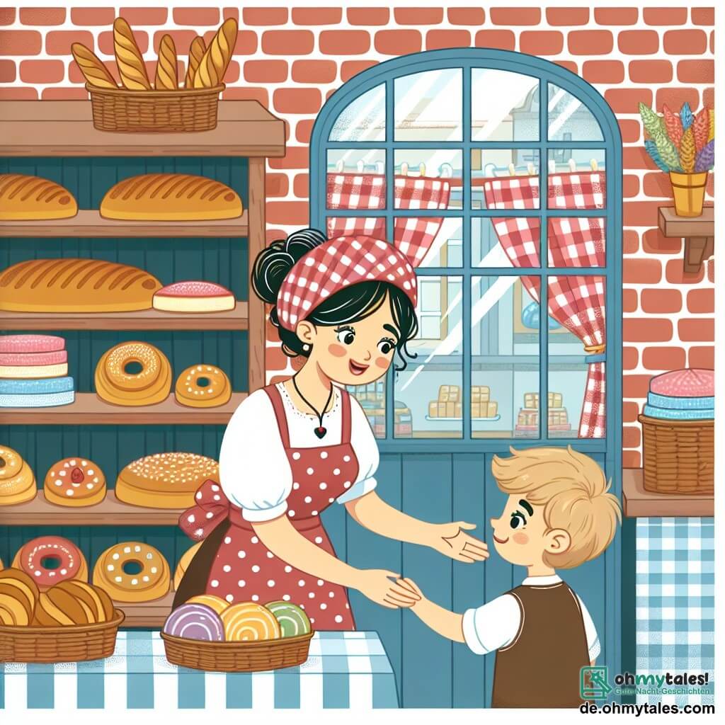Une illustration destinée aux enfants représentant une jeune femme passionnée par la cuisine, aidant un petit garçon perdu à retrouver son chemin, dans une charmante boulangerie aux murs de briques rouges, aux fenêtres décorées de rideaux à carreaux et aux étagères remplies de pains et de gâteaux colorés.