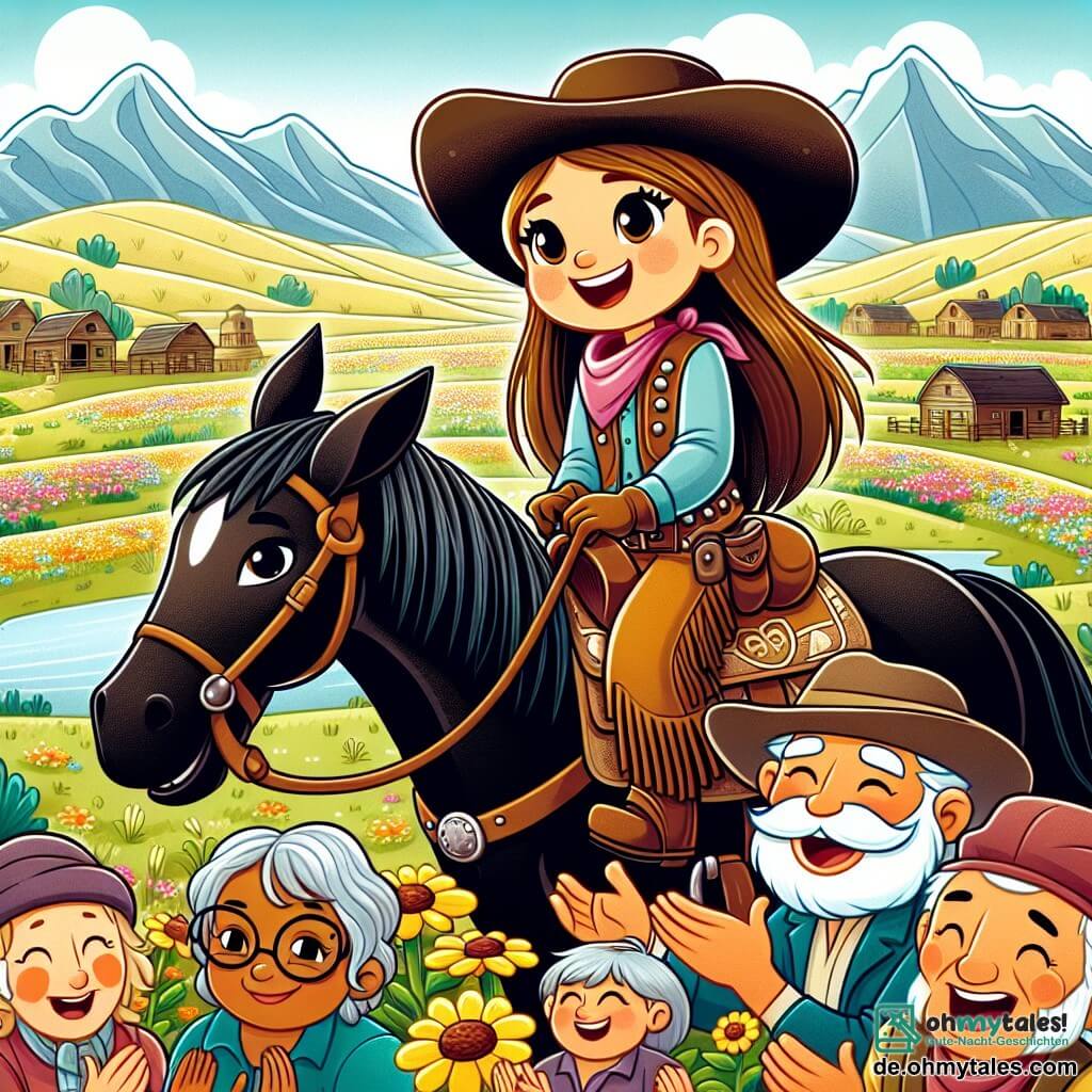 Une illustration sous forme de dessin destinée aux enfants représentant une vaste prairie ensoleillée, avec des fleurs colorées et des montagnes au loin, où une jeune cowgirl aux longs cheveux bruns et au large chapeau de cowboy, déterminée et souriante, se tient fièrement sur son cheval noir nommé Blitz, tandis que des villageois aux visages joyeux et reconnaissants, comme un homme âgé avec une moustache blanche et une femme avec des lunettes, applaudissent et l'encouragent après qu'elle ait réussi à récupérer l'or volé des bandits, créant une atmosphère de triomphe et de camaraderie.