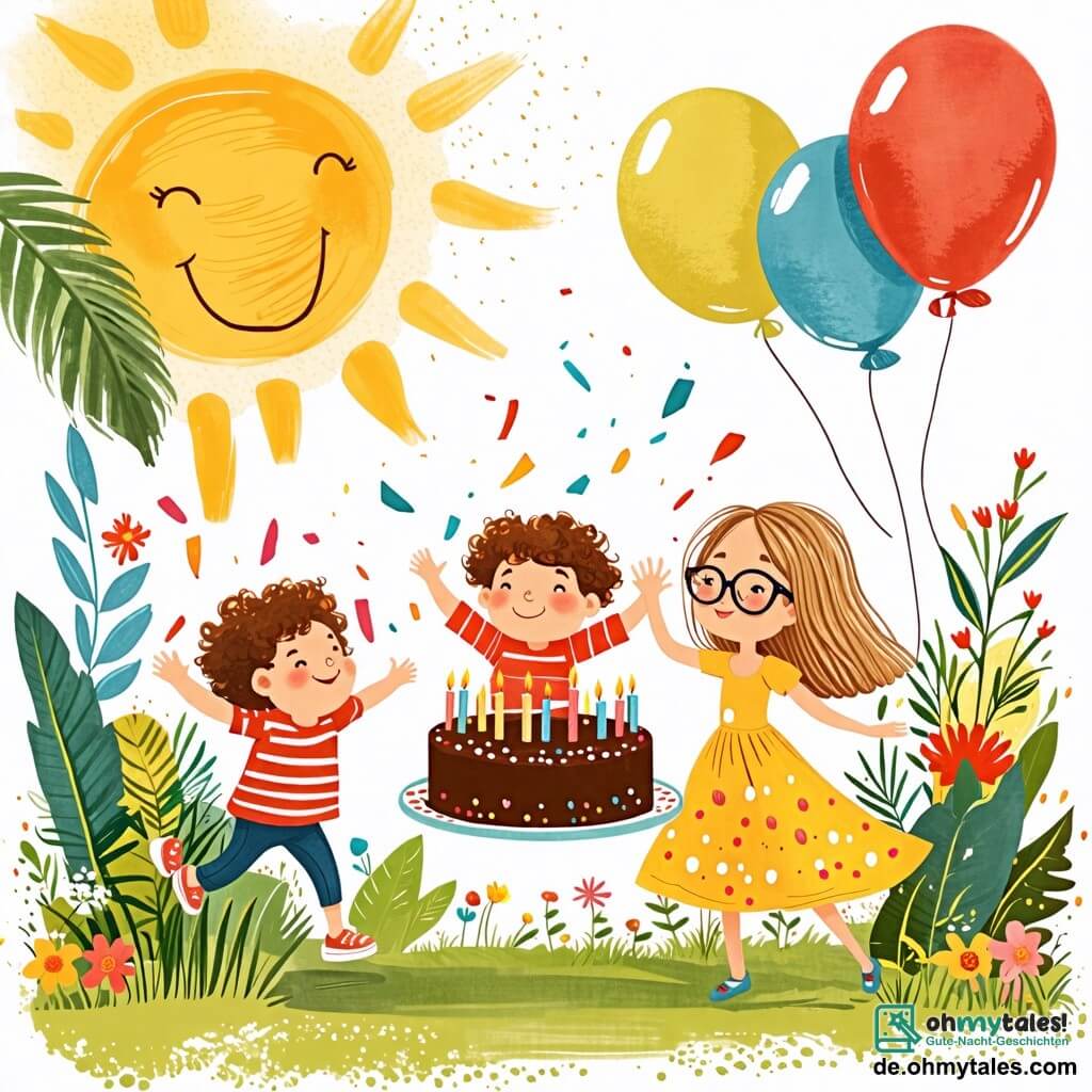 Une illustration sous forme de dessin destinée aux enfants représentant un jardin ensoleillé, avec un petit garçon de 2 ans aux cheveux bouclés et aux yeux pétillants, sautant de joie devant un grand gâteau au chocolat décoré de bougies colorées, tandis qu'un ami de son âge aux cheveux blonds et aux lunettes sourit en tenant un ballon multicolore, et leur maman, une femme souriante aux cheveux bruns, les regarde avec tendresse, créant une atmosphère festive et joyeuse pour célébrer un anniversaire mémorable.