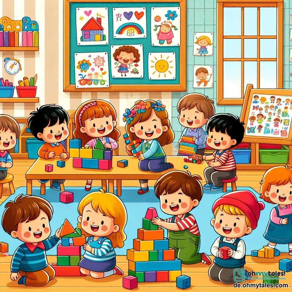 Une illustration sous forme de dessin destinée aux enfants représentant une salle de classe colorée avec des murs décorés de dessins d'enfants, où un groupe d'enfants de 3 ans, comprenant un garçon aux cheveux bruns et un large sourire qui construit un grand château de blocs, une fille aux longs cheveux blonds qui rit en jouant à côté de lui, et un garçon avec une casquette rouge qui raconte une histoire, tous ensemble en train de s'amuser et de découvrir la joie de la rentrée des classes, entourés de jouets et de livres colorés.