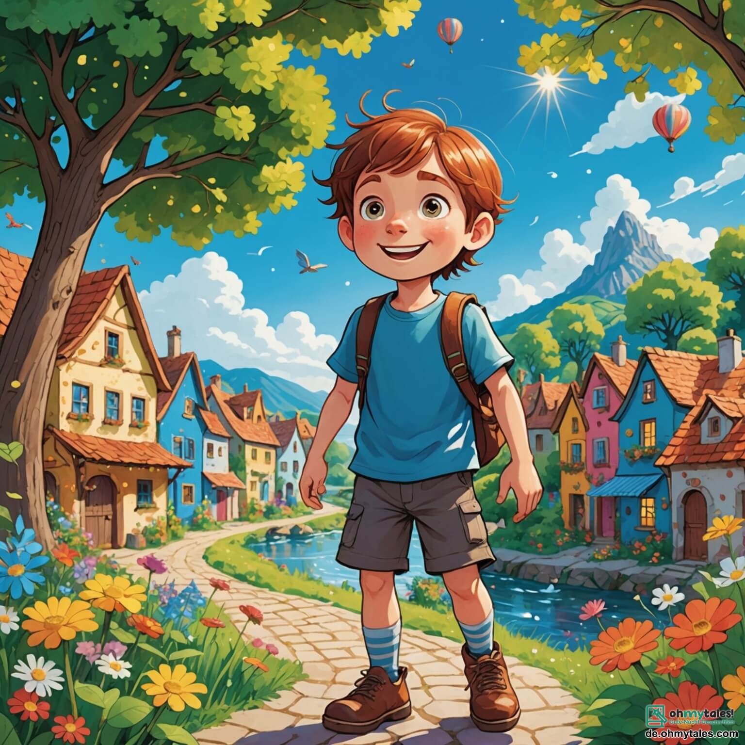Une illustration destinée aux enfants représentant un garçon aux cheveux châtains et aux yeux pétillants, debout au milieu d'un village coloré où les fleurs dansent au gré du vent et les arbres majestueux s'élèvent vers le ciel bleu, alors qu'il rêve de sauver la planète en apprenant à protéger la nature, accompagné de sa meilleure amie, une fille aux couettes joyeuses, dans un cadre enchanteur rempli de ruisseaux scintillants et de papillons virevoltants.