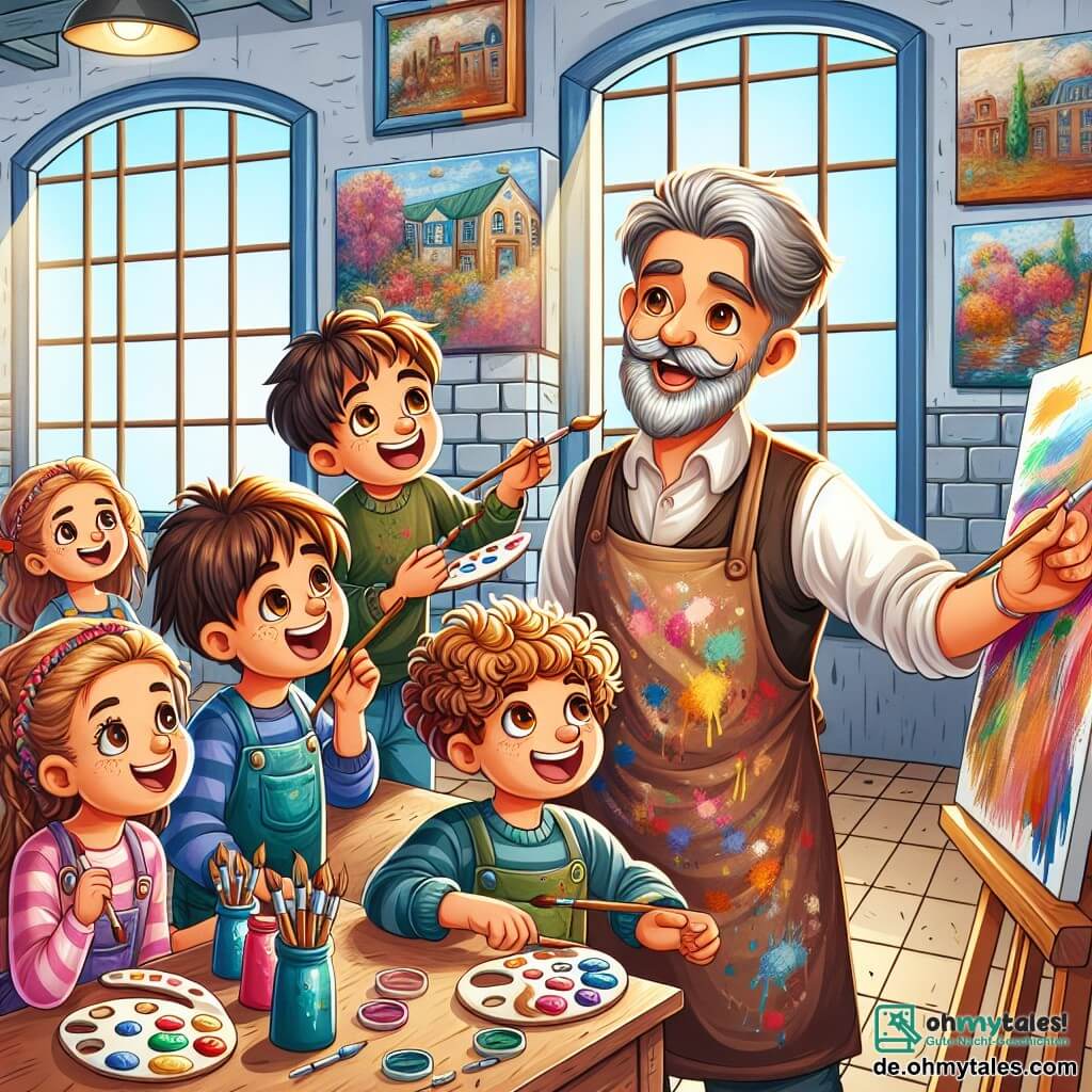 Une illustration sous forme de dessin destinée aux enfants représentant un atelier d'artiste coloré avec des murs ornés de tableaux vibrants, où un homme aux cheveux grisonnants et à la barbe soignée, vêtu d'un tablier taché de peinture, montre avec enthousiasme à un groupe de quatre enfants (deux garçons et deux filles) aux yeux brillants et souriants comment peindre sur une grande toile, tandis qu'un garçon aux cheveux bouclés et une fille aux tresses s'appliquent à mélanger des couleurs sur leur palette, capturant l'esprit de créativité et de camaraderie dans un environnement joyeux et inspirant.
