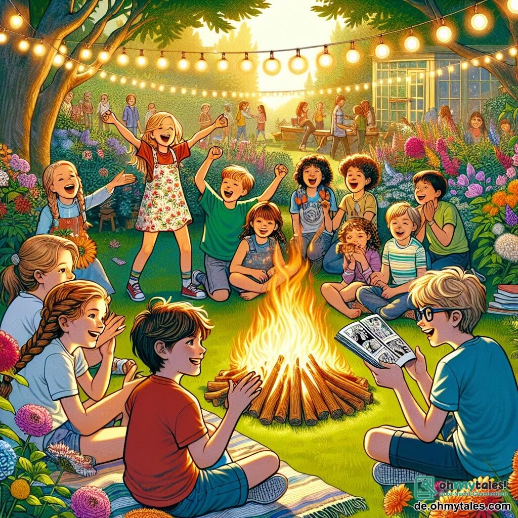 Illustration einer lebhaften Szene in einem sonnigen großen Garten, gefüllt mit bunten Blumen und grünen Bäumen. In der Mitte vergnügen sich eine Gruppe von Kindern um ein großes Lagerfeuer, mit Lichterketten, die in den Ästen hängen. Ein etwa 10-jähriger Junge mit zerzausten braunen Haaren und einem roten T-Shirt sitzt auf einer Decke, lächelt und hält stolz einen Comic, den er seinen Freunden zeigt. Neben ihm applaudiert ein 9-jähriges Mädchen mit geflochtenen blonden Haaren und einem Blumenkleid begeistert. Ein anderer Junge, 11 Jahre alt, mit Brille und blauen Shorts, steht und imitiert energisch einen Fußballspieler, während ein 10-jähriges Mädchen mit lockigen Haaren und grünem T-Shirt lacht und einen über dem Feuer grillenden Marshmallow hält. Die Hauptsituation zeigt die Aufregung und Freundschaft der Kinder, während sie ihre Talente und Geschichten am Feuer teilen, was eine warme und fröhliche Atmosphäre schafft. Im Hintergrund beobachten lächelnde Eltern sie, und Sterne beginnen am Nachthimmel zu leuchten, was dieser sommerlichen Szene einen magischen Touch verleiht.