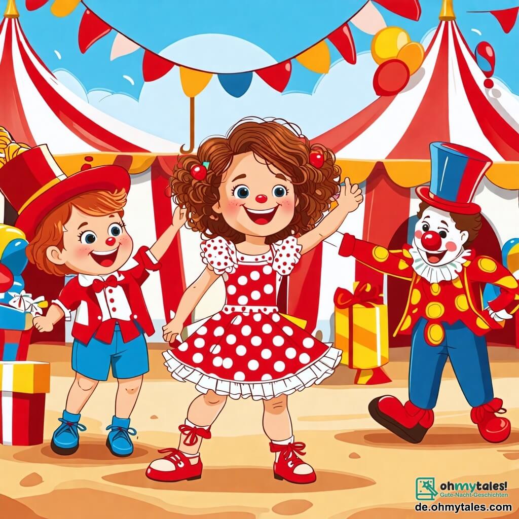Une illustration sous forme de dessin destinée aux enfants représentant un cirque coloré avec des tentes rayées rouges et blanches, une petite fille de 2 ans aux cheveux bouclés et aux yeux pétillants, vêtue d'une robe à pois, qui danse joyeusement au centre de la scène, entourée d'un joyeux directeur de cirque en costume flamboyant avec un grand chapeau, tandis qu'un homme en tenue de clown, avec un nez rouge et des chaussures géantes, s'apprête à tirer une grande canon, créant une atmosphère pleine de magie et d'excitation.