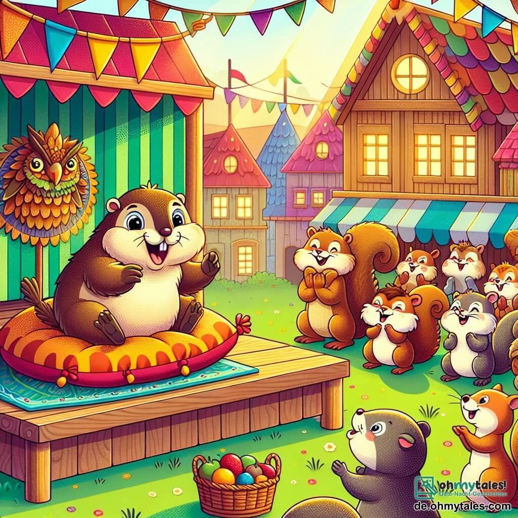 Une illustration sous forme de dessin destinée aux enfants représentant un village coloré et ensoleillé, avec des animaux joyeux rassemblés autour d'une grande scène en bois, au centre de laquelle se trouve une petite marmotte au pelage brun et aux yeux pétillants, en train de rouler joyeusement sur un grand coussin, tandis qu'un groupe d'écureuils aux queues touffues et une sage chouette aux plumes dorées applaudissent et rient, le tout dans une ambiance festive avec des banderoles colorées flottant dans le vent et des paniers remplis de fruits frais à proximité.