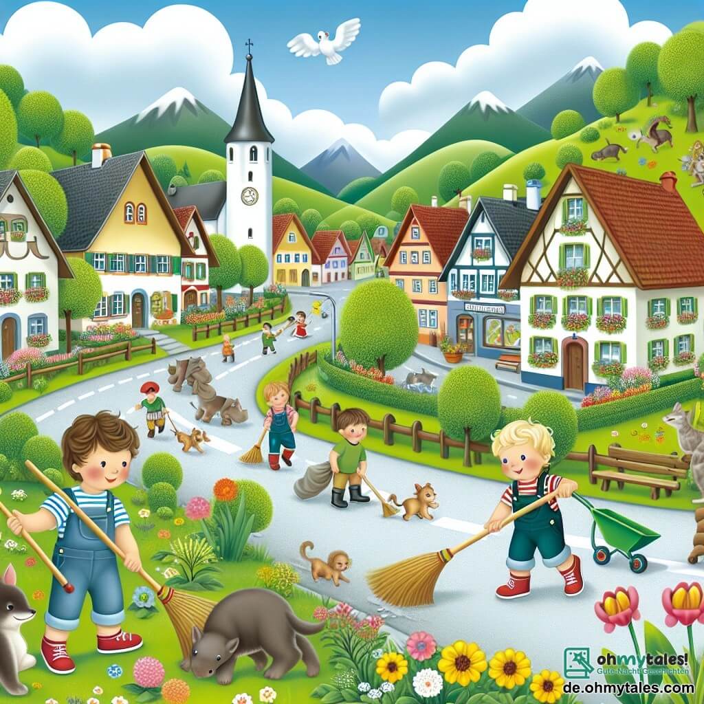 Une illustration destinée aux enfants représentant un garçon curieux et énergique, accompagné de ses amis et voisins enthousiastes, nettoyant les rues d'un petit village entouré de prairies verdoyantes et d'arbres majestueux, où des fleurs colorées commencent à pousser et des animaux joyeux s'amusent.