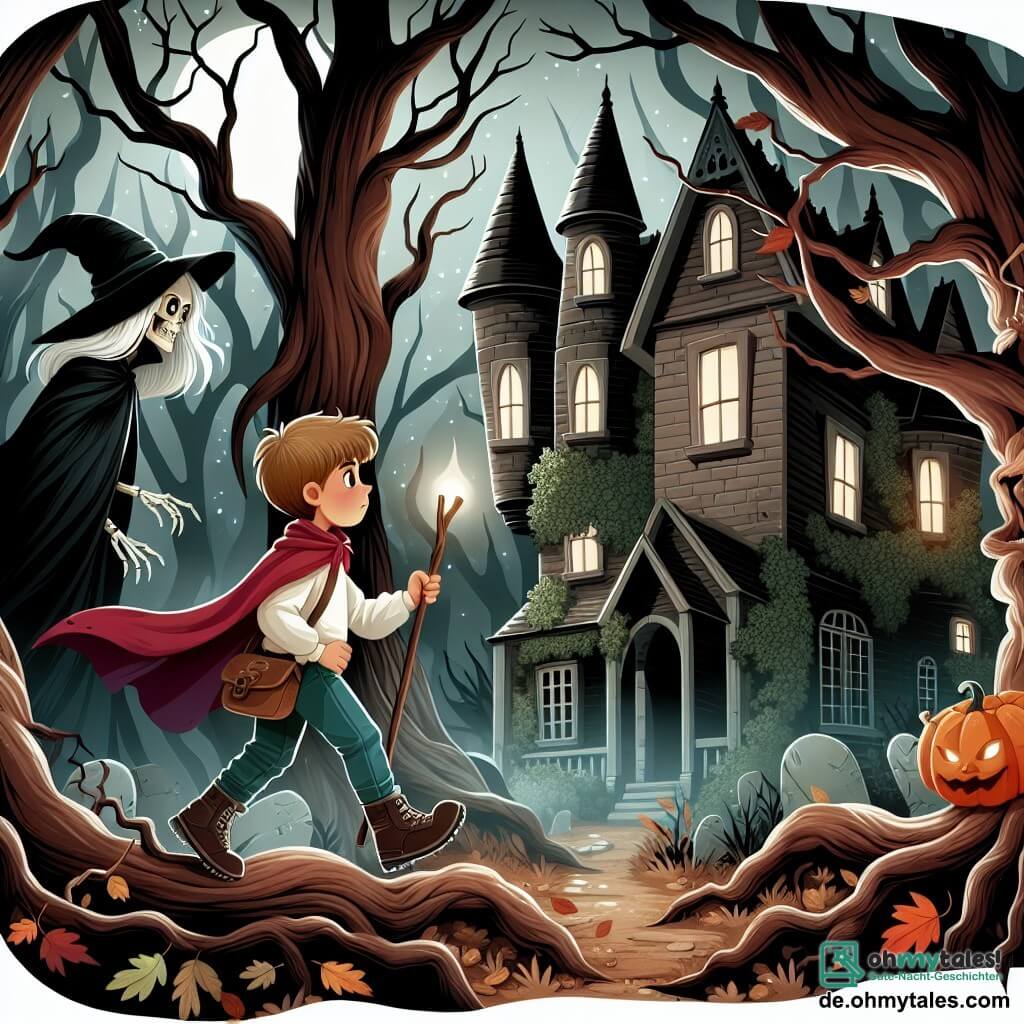 Une illustration destinée aux enfants représentant un jeune garçon courageux explorant un vieux manoir hanté avec l'aide d'une mystérieuse sorcière bienveillante, dans une forêt sombre et mystique aux arbres noueux et aux feuilles mortes qui craquent sous ses pieds.