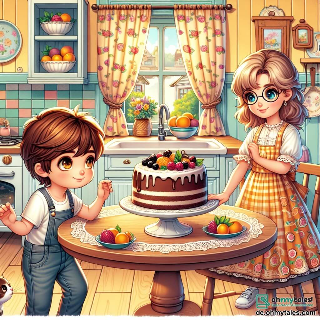 Illustration einer warmen und bunten Küche mit pastellgelben Wänden und fruchtmusternden Vorhängen. In der Mitte steht ein einladender Holztisch, der mit einer köstlichen Schokoladentorte, von der ein Stück fehlt, auf einem schönen Porzellanteller geschmückt ist. Ein achtjähriger Junge mit kastanienbraunen Haaren und funkelnden Augen steht neben dem Tisch, die Hände nach der Torte ausgestreckt, mit einem entschlossenen Ausdruck. Neben ihm steht ein neunjähriges Mädchen mit langen braunen Haaren und Brille, die mit verschränkten Armen herausfordernd auf die Torte schaut. Die Szene fängt den Moment ein, in dem die beiden Kinder um das letzte Stück Torte streiten, jeder leidenschaftlich seine Meinung äußert. Im Hintergrund beobachtet ihre lächelnde Mutter mit blonden Haaren und einer bunten Schürze sie wohlwollend und ist bereit, einzugreifen, um den Konflikt zu lösen. Zusätzliche Elemente wie ein Korb mit frischen Früchten auf der Theke und eine neugierige Katze, die auf dem Boden sitzt, verleihen dieser Familienillustration Leben.