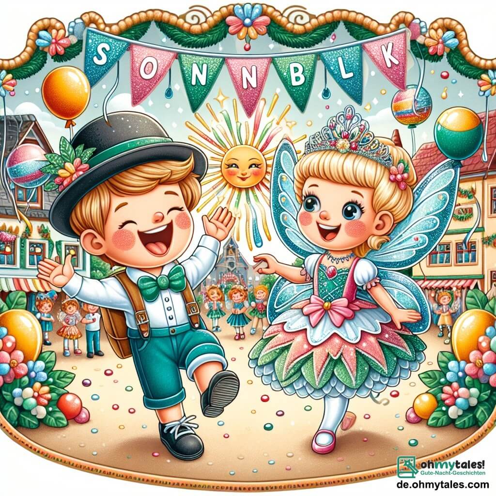 Une illustration destinée aux enfants représentant un garçon plein d'enthousiasme se préparant pour le carnaval, accompagné d'une fée aux ailes scintillantes, dans la ville de Sonnenblick, décorée de guirlandes colorées et de ballons étincelants.