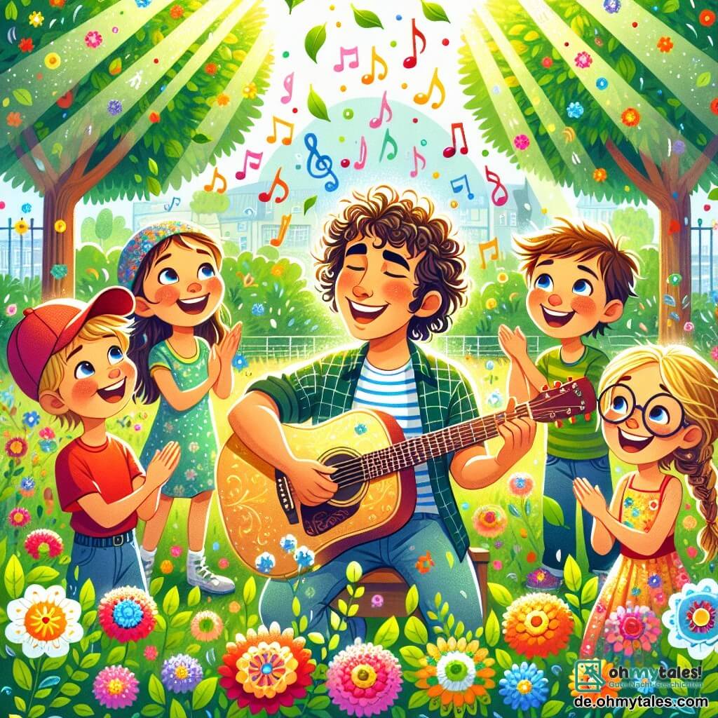 Illustration einer fröhlichen Szene auf einem sonnigen Schulhof, umgeben von Bäumen mit leuchtend grünen Blättern und bunten Blumen, die im Wind tanzen. In der Mitte steht ein lächelnder Mann mit lockigem Haar und einem gestreiften Hemd, der leidenschaftlich eine Akustikgitarre spielt und singt, während seine Stimme die Luft um ihn herum zum Schwingen bringt. Um ihn herum steht eine Gruppe von fünf Kindern im Alter von etwa 8 bis 10 Jahren im Kreis: zwei Jungen mit blonden und braunen Haaren, einer in einem roten T-Shirt und der andere mit einer Mütze, sowie drei Mädchen, eines mit langen braunen Haaren, eines mit goldenen Locken und einem Blumenkleid und das letzte mit einer Brille und einem Zopf. Sie klatschen und singen im Chor, ihre Gesichter strahlen vor Freude und Aufregung. Musiknoten schweben in der Luft und verleihen dieser lebendigen und kreativen Szene einen magischen Touch, der Einheit und die Liebe zur Musik symbolisiert.