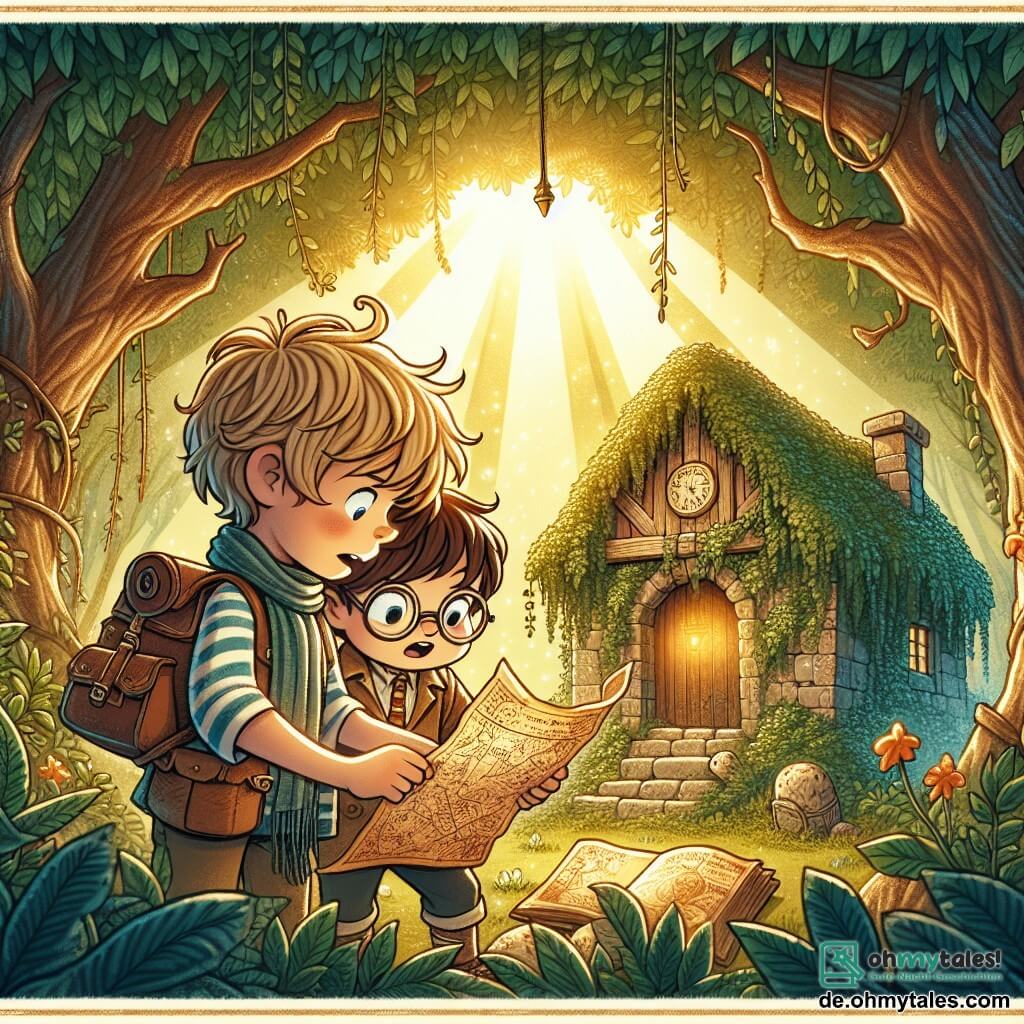 Une illustration sous forme de dessin destinée aux enfants représentant une scène magique dans une forêt enchantée, où un garçon de 7 ans aux cheveux blonds en désordre, portant un t-shirt rayé et un petit sac à dos, examine une vieille carte avec un air déterminé, tandis qu'à ses côtés, son ami, un garçon aux cheveux bruns et aux lunettes rondes, regarde avec curiosité un ancien et mystérieux cottage recouvert de lierre, le tout baigné dans une lumière dorée filtrant à travers les arbres, évoquant l'excitation d'une chasse au trésor pleine de mystères et d'aventures.