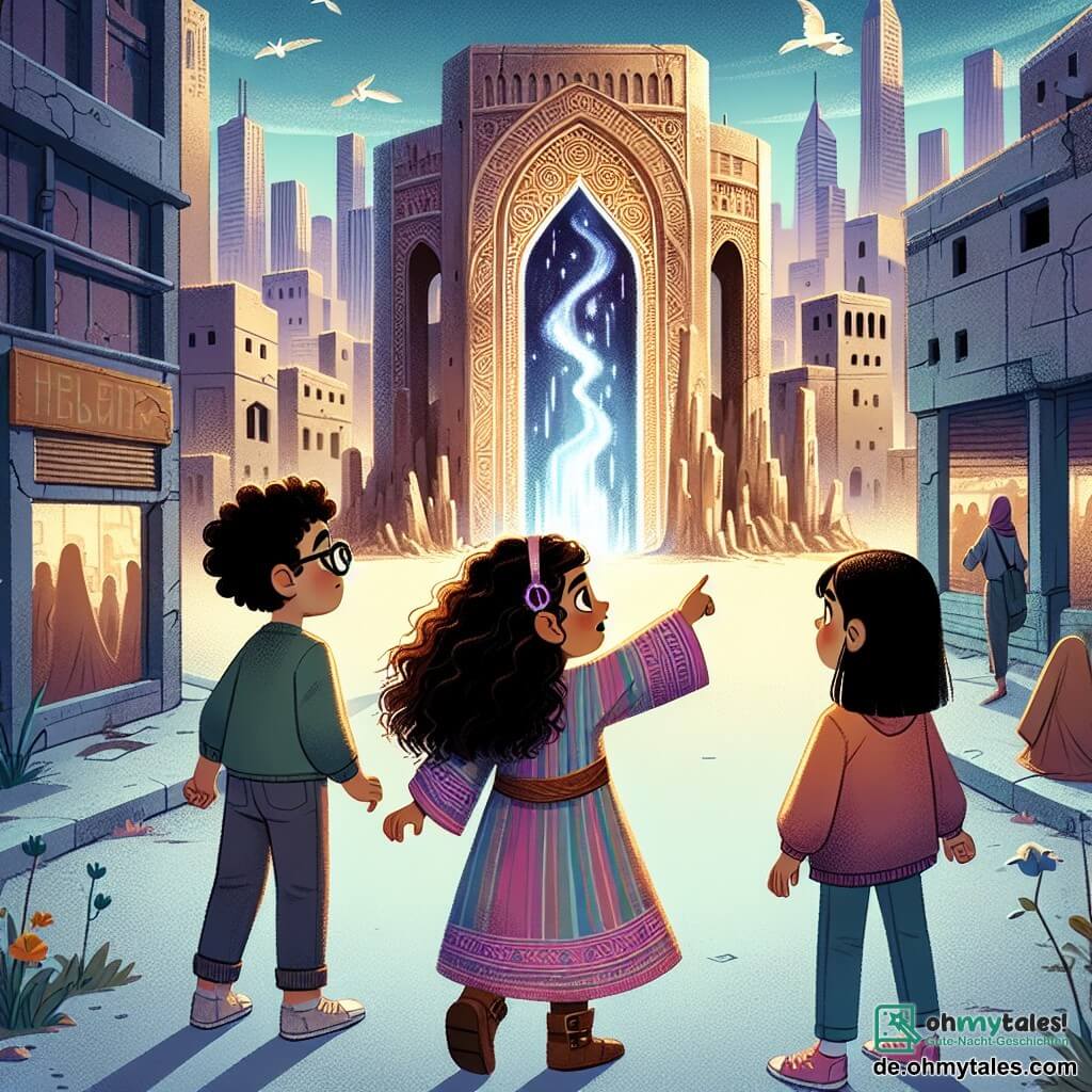 Une illustration sous forme de dessin destinée aux enfants représentant une scène magique dans une ville moderne, où une fille de 11 ans aux cheveux longs et bouclés, vêtue d'une tunique colorée, se tient devant un ancien bâtiment en ruine avec un portail scintillant, tandis qu'elle est entourée de deux amis : un garçon aux cheveux courts et aux lunettes, qui regarde avec émerveillement, et une fille aux cheveux raides et bruns, qui pointe du doigt le portail, tous trois prêts à affronter des ombres mystérieuses qui s'échappent de l'entrée, illustrant le moment où ils découvrent leur destin en tant que gardiens d'un monde fantastique.