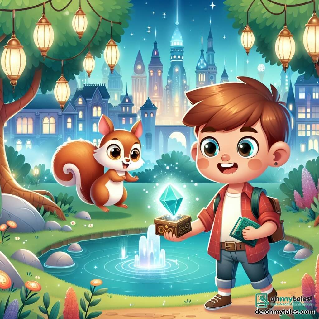 Une illustration destinée aux enfants représentant un garçon aux cheveux bruns, découvrant un mystérieux artefact magique avec l'aide d'un petit écureuil parlant, dans un parc enchanté rempli de lanternes qui prennent vie, avec des arbres magnifiques et un petit étang scintillant au centre, dans une ville où la magie et la technologie coexistent en harmonie.