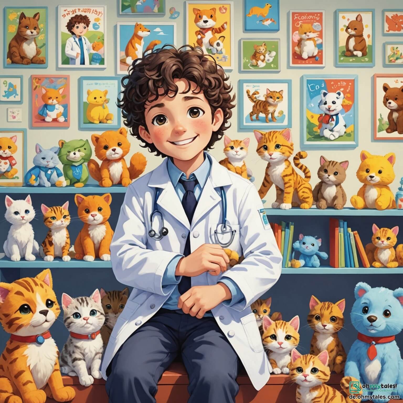 Une illustration destinée aux enfants représentant un homme vétérinaire au sourire chaleureux, vêtu d'une blouse blanche éclatante, entouré de peluches colorées et de posters d'animaux souriants sur les murs de sa pratique lumineuse, où il soigne avec tendresse un petit chaton aux yeux brillants, tandis qu'une fille aux cheveux bouclés, pleine d'enthousiasme, observe avec admiration, le tout dans un cabinet aux fenêtres grandes ouvertes laissant entrer la lumière du soleil et le chant des oiseaux.