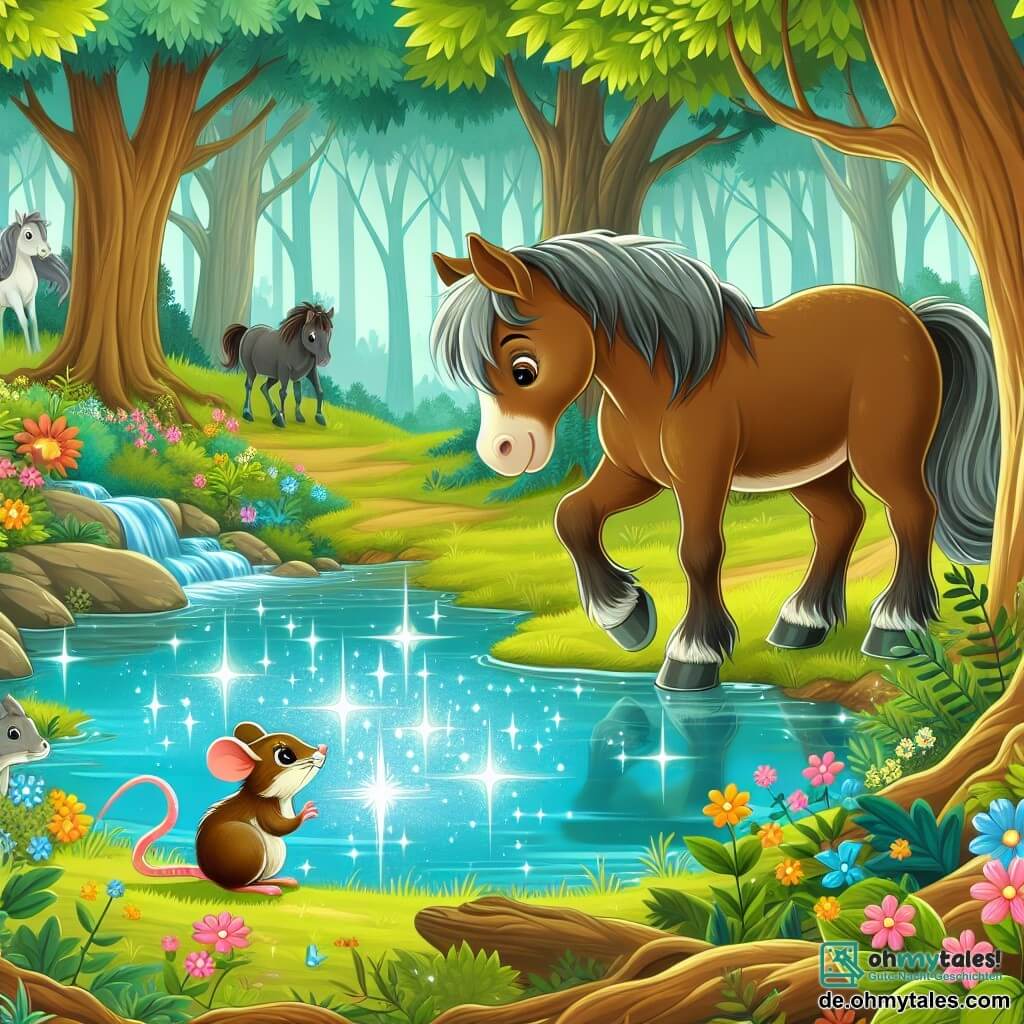 Une illustration destinée aux enfants représentant un jeune cheval courageux, une petite souris curieuse, découvrant un mystérieux étang scintillant au cœur d'une forêt enchantée aux arbres majestueux et aux fleurs colorées.