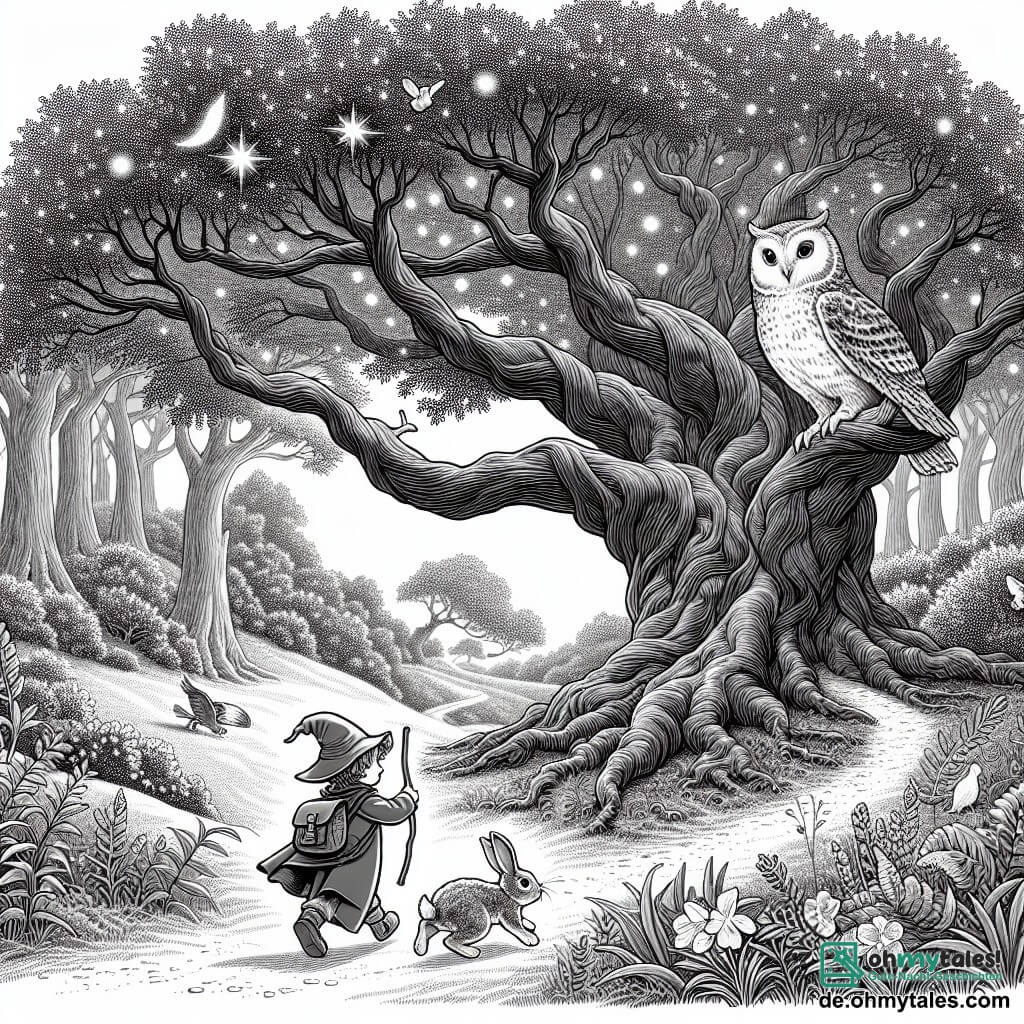 Une illustration destinée aux enfants représentant un jeune lapin curieux se lançant dans une aventure au cœur d'une forêt enchantée, accompagné d'une sage chouette femelle, sous l'ombre majestueuse d'un ancien chêne aux branches épanouies.