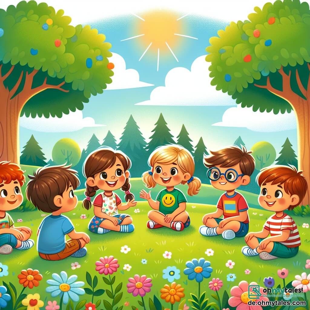 Eine Illustration zeigt einen sonnigen Park mit großen Bäumen mit leuchtend grünen Blättern, bunten Blumen, die über das weiche Gras verstreut sind, und einem blauen Himmel, der mit einigen flauschigen weißen Wolken gesprenkelt ist. Im Zentrum des Bildes sitzt eine Gruppe von fünf Kindern, alle etwa acht Jahre alt, im Kreis auf dem Rasen. Es gibt ein Mädchen mit braunen Zöpfen, das ein T-Shirt mit einem großen Lächeln und eine gestreifte Shorts trägt. Neben ihr hört ein Junge mit kurzen blonden Haaren, der ein rotes T-Shirt und eine blaue Shorts trägt, aufmerksam zu. Ein weiteres Mädchen mit lockigem Haar und einem T-Shirt mit Blumenmuster lächelt fröhlich. Ein Junge mit Brille und einem grünen T-Shirt, der neugierig aussieht, stellt eine Frage, während ein anderer Junge mit braunen Haaren und einem gestreiften T-Shirt in ein kleines Notizbuch schreibt. Die Szene zeigt die Kinder, die miteinander diskutieren und voneinander lernen, mit einem bunten Inhalator, der neben dem Mädchen mit den Zöpfen auf dem Boden liegt. Die Gesichter der Kinder drücken Neugier und Freundschaft aus, und die Atmosphäre ist fröhlich und ermutigend, was die Unterstützung und das Verständnis unter Freunden symbolisiert.
