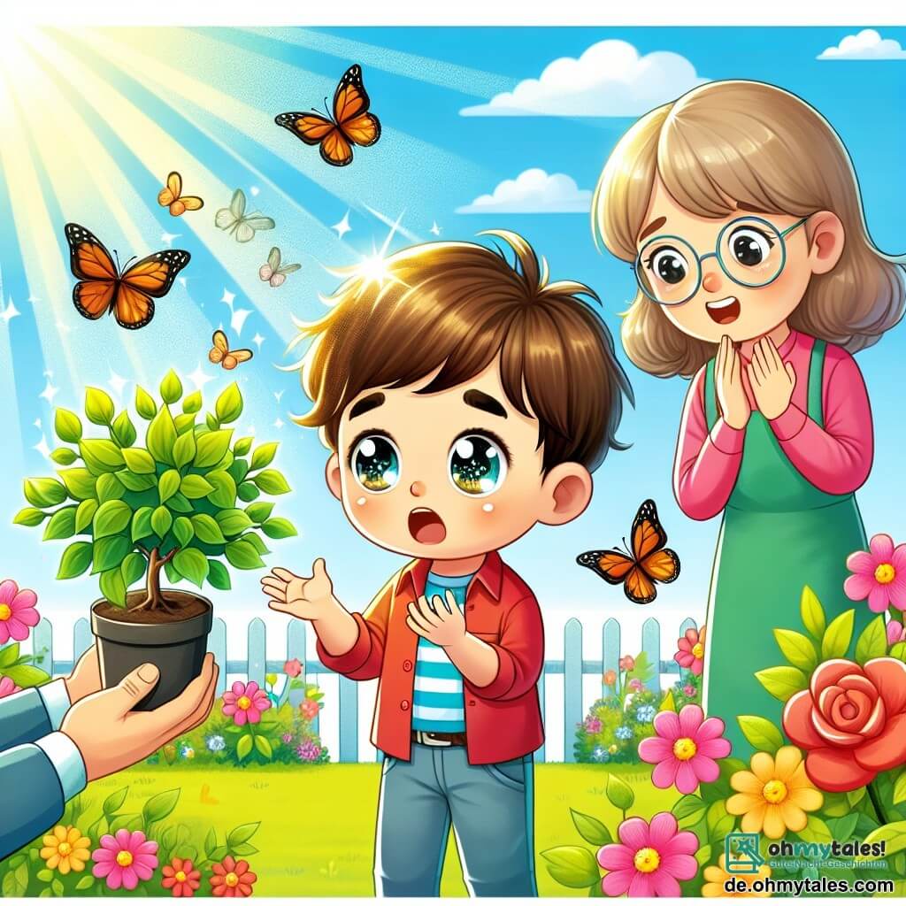 Une illustration destinée aux enfants représentant un petit garçon aux yeux brillants, confronté à la perte d'une plante bien-aimée, accompagné de ses parents bienveillants, dans un jardin ensoleillé rempli de fleurs colorées et de papillons virevoltants.