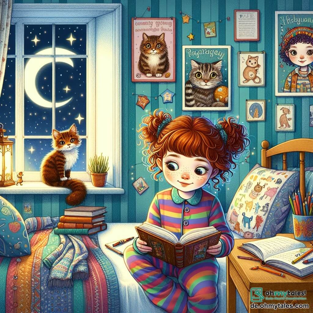Illustration eines warmen Zimmers eines 9-jährigen Mädchens. Die Wände sind in Pastellblau gestrichen und mit Tier- und Märchenpostern geschmückt. Ein großes Bett mit einer bunten Bettdecke steht an der Wand, und ein Holztisch ist mit Büchern und Stiften gefüllt. In der Mitte der Szene sitzt ein kleines Mädchen mit kastanienbraunen, lockigen Haaren, die in zwei Zöpfen gebunden sind, auf ihrem Bett. Sie trägt einen gestreiften, bunten Schlafanzug und hat einen neugierigen, etwas besorgten Blick. In ihren Händen hält sie ein aufgeschlagenes Buch, vertieft in eine faszinierende Geschichte, während ein sanfter Mondstrahl ihr Gesicht beleuchtet. Neben ihr kuschelt sich ein kleiner Kater mit leuchtenden Augen und gestreiftem Fell an sie, was Trost bringt. Die Hauptsituation zeigt das Mädchen, das kurz davor ist, eine Seite ihres Buches umzublättern, umgeben von der Dunkelheit der Nacht, aber erleuchtet vom beruhigenden Licht des Mondes, das durch das Fenster strömt. Sanfte Schatten tanzen an den Wänden und schaffen eine Atmosphäre, die sowohl geheimnisvoll als auch beruhigend ist. Ein leichtes Lächeln zeichnet sich auf ihrem Gesicht ab, das den Mut symbolisiert, den sie in den Geschichten findet.