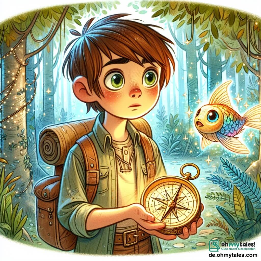 Une illustration sous forme de dessin destinée aux enfants représentant une forêt enchantée aux arbres majestueux et aux feuilles scintillantes, où un garçon de 11 ans aux cheveux châtains et aux yeux pétillants, portant un sac à dos usé, examine avec émerveillement un ancien compas en or qui brille d'une lumière mystérieuse, tandis qu'à ses côtés, un petit poisson lumineux aux écailles multicolores, flottant dans l'air, lui parle avec une expression amicale, et ensemble, ils se préparent à découvrir les secrets cachés de cette aventure magique.