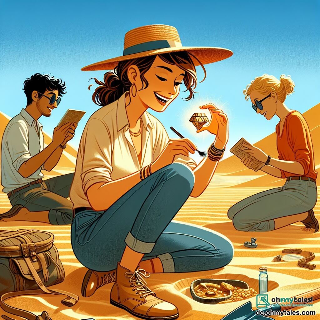 Illustration einer archäologischen Ausgrabungsszene in der ägyptischen Wüste, mit goldenen Sanddünen, die sich bis zum Horizont erstrecken, unter einem strahlend blauen Himmel. Im Mittelpunkt steht eine Archäologin, etwa dreißig Jahre alt, mit braunen, zu einem Pferdeschwanz gebundenen Haaren, die einen Strohhut und Sonnenbrille trägt. Sie kniet, mit einem bewundernden Lächeln im Gesicht, und reinigt vorsichtig ein altes, funkelndes Schmuckstück mit einem kleinen Pinsel. Neben ihr zwei Nebenfiguren: ein junger Mann von etwa 25 Jahren mit schwarzen Haaren und leichtem Bart, der eine alte Karte hält, und eine Frau in ihren dreißigern mit lockigem, blondem Haar, die aufmerksam eine Tontafel betrachtet. Beide tragen leichte Kleidung, die für die Hitze der Wüste geeignet ist. Die Hauptsituation zeigt die Aufregung der Entdeckung, während die Archäologin einen verborgenen Schatz enthüllt, umgeben von Kollegen, die ihre Begeisterung teilen. Im Hintergrund sind Ausgrabungswerkzeuge wie Schaufeln und Eimer im Sand verstreut, während eine majestätische Pyramide am Horizont auftaucht und dieser fesselnden Szene einen Hauch von Abenteuer verleiht.