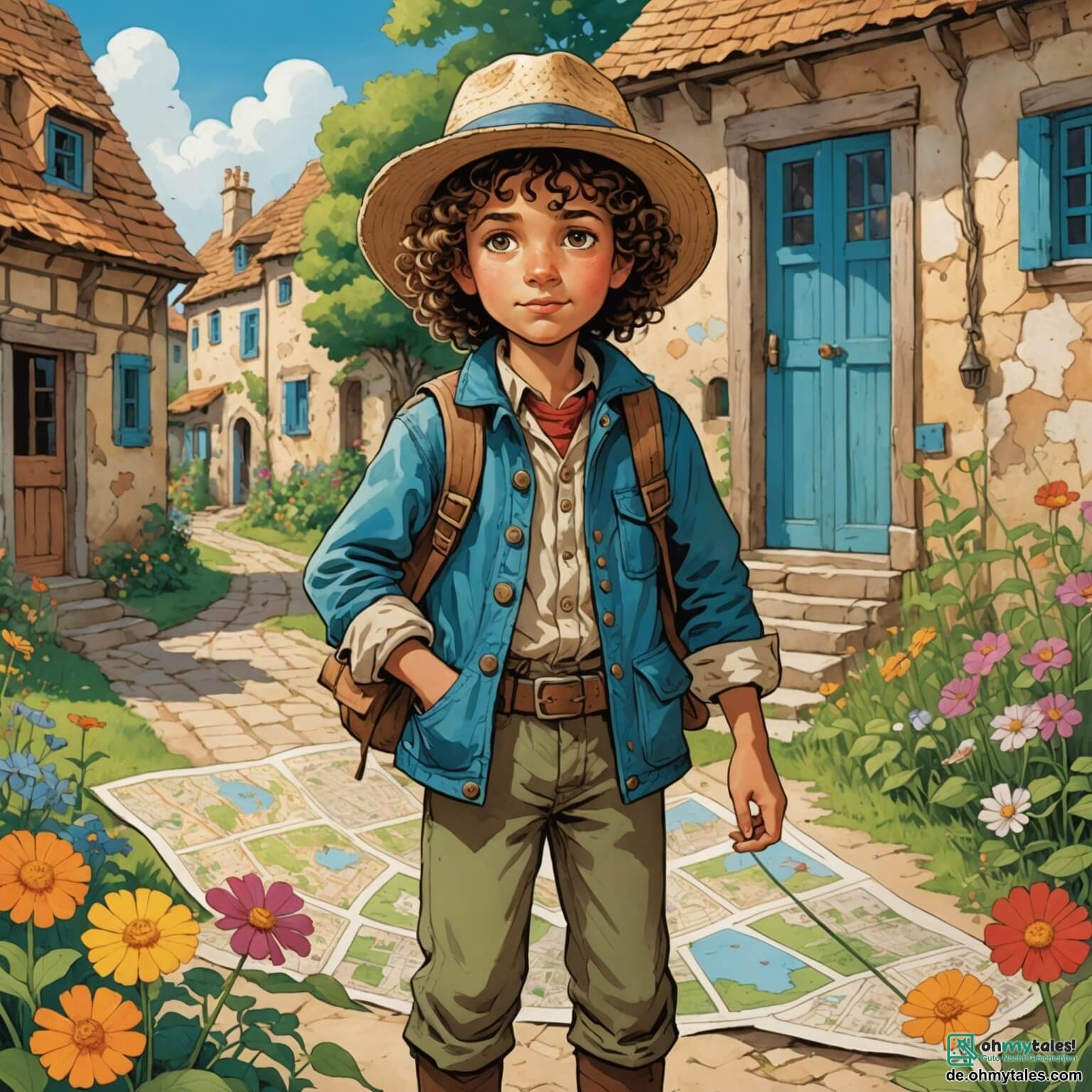 Une illustration destinée aux enfants représentant une jeune exploratrice intrépide, aux cheveux bouclés et aux yeux pétillants de curiosité, vêtue d'une veste en toile usée et d'un chapeau de paille, se tenant devant une carte ancienne aux contours mystérieux, tandis qu'elle se prépare à quitter son petit village pittoresque, entouré de maisons en bois colorées aux volets bleus, avec des jardins fleuris où les papillons dansent, pour s'aventurer dans un dense et luxuriant dôme de verdure d'un grand dschungel, où des lianes tombent comme des serpents de jade et où le chant des oiseaux exotiques résonne à travers les arbres géants, accompagnée de son meilleur ami, un garçon au sourire malicieux, qui partage son rêve d'aventure, et d'un jeune garçon local, agile et rusé, qui connaît les secrets de la jungle et les mystères des anciennes légendes, tous unis dans leur quête pour découvrir le trésor caché de la mythique île des explorateurs.