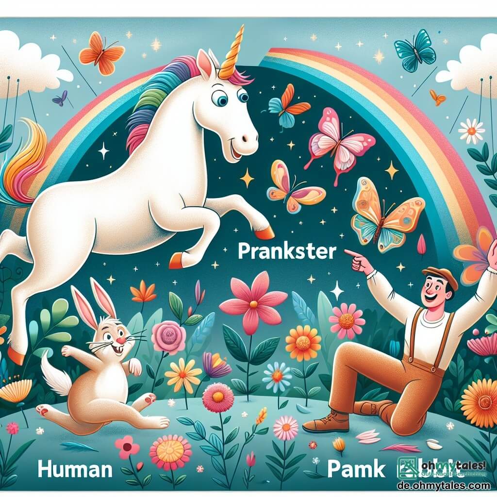 Une illustration destinée aux enfants représentant une licorne rigolote faisant des acrobaties avec un lapin farceur dans un jardin féerique rempli de fleurs multicolores, papillons dansants et arcs-en-ciel étincelants.