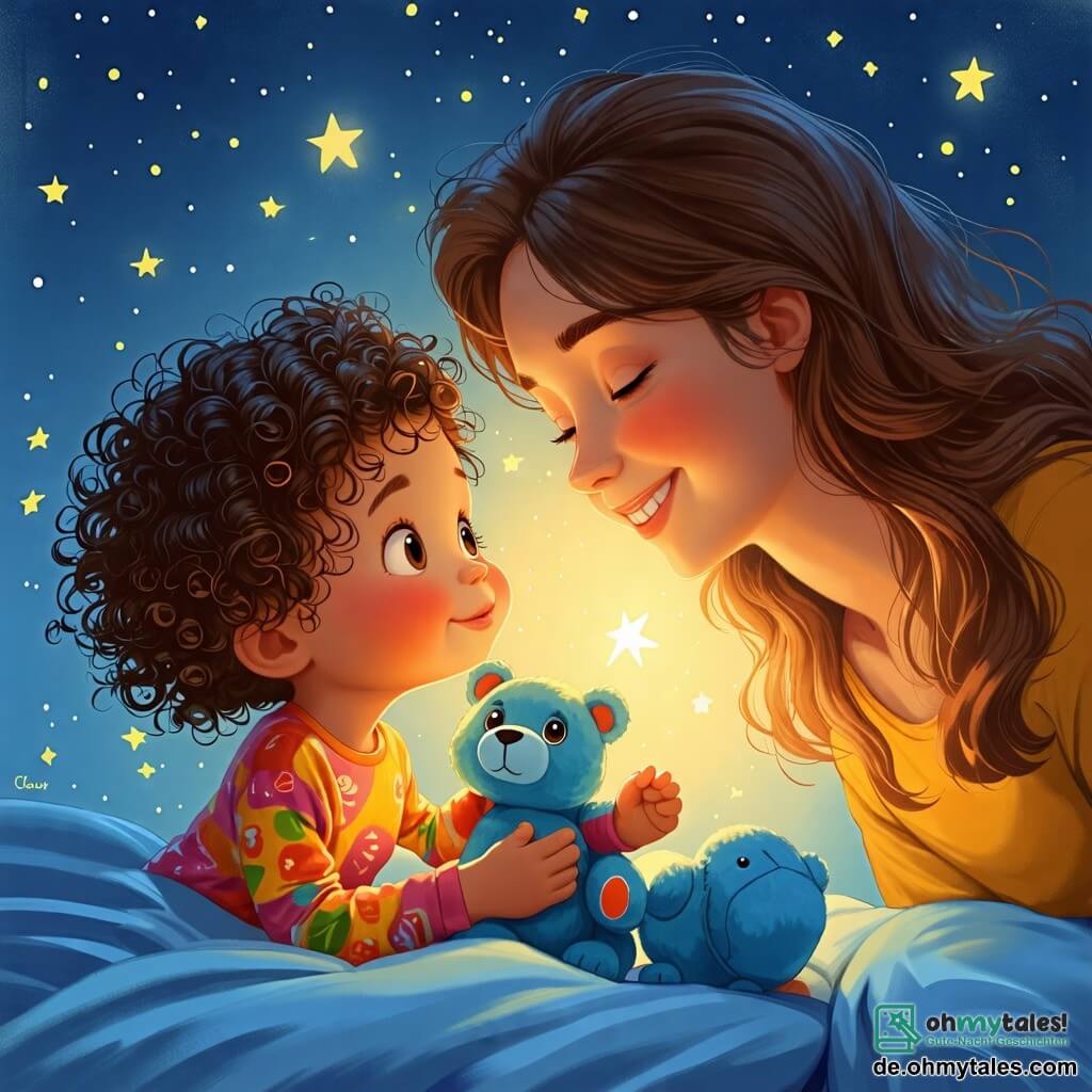 Une illustration sous forme de dessin destinée aux enfants représentant une chambre douillette et légèrement éclairée par un doux nuit lumineux, où une petite fille de 2 ans aux cheveux bouclés et aux yeux brillants, vêtue d'un pyjama coloré, regarde avec curiosité le plafond tout en tenant un doudou en peluche, tandis que sa maman, une femme souriante aux cheveux longs et bruns, se penche vers elle avec tendresse, leur créant un moment réconfortant face à la peur du noir, avec des étoiles scintillantes visibles à travers la fenêtre, ajoutant une touche magique à la scène.