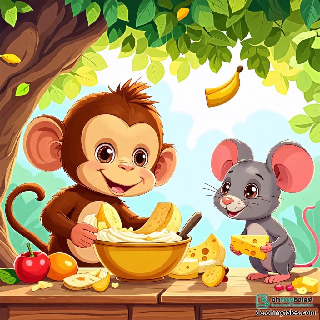 Une illustration sous forme de dessin destinée aux enfants représentant une cuisine en bois colorée sous un grand arbre verdoyant, avec un singe joyeux aux poils bruns et aux yeux pétillants, en train de mélanger un bol de bananes écrasées et de crème, tandis qu'une petite souris grise avec de grandes oreilles et un sourire malicieux observe, tenant un morceau de fromage, le tout dans une ambiance enjouée et lumineuse, illustrant le moment amusant où les amis préparent leur délicieux bananes-pudding ensemble.