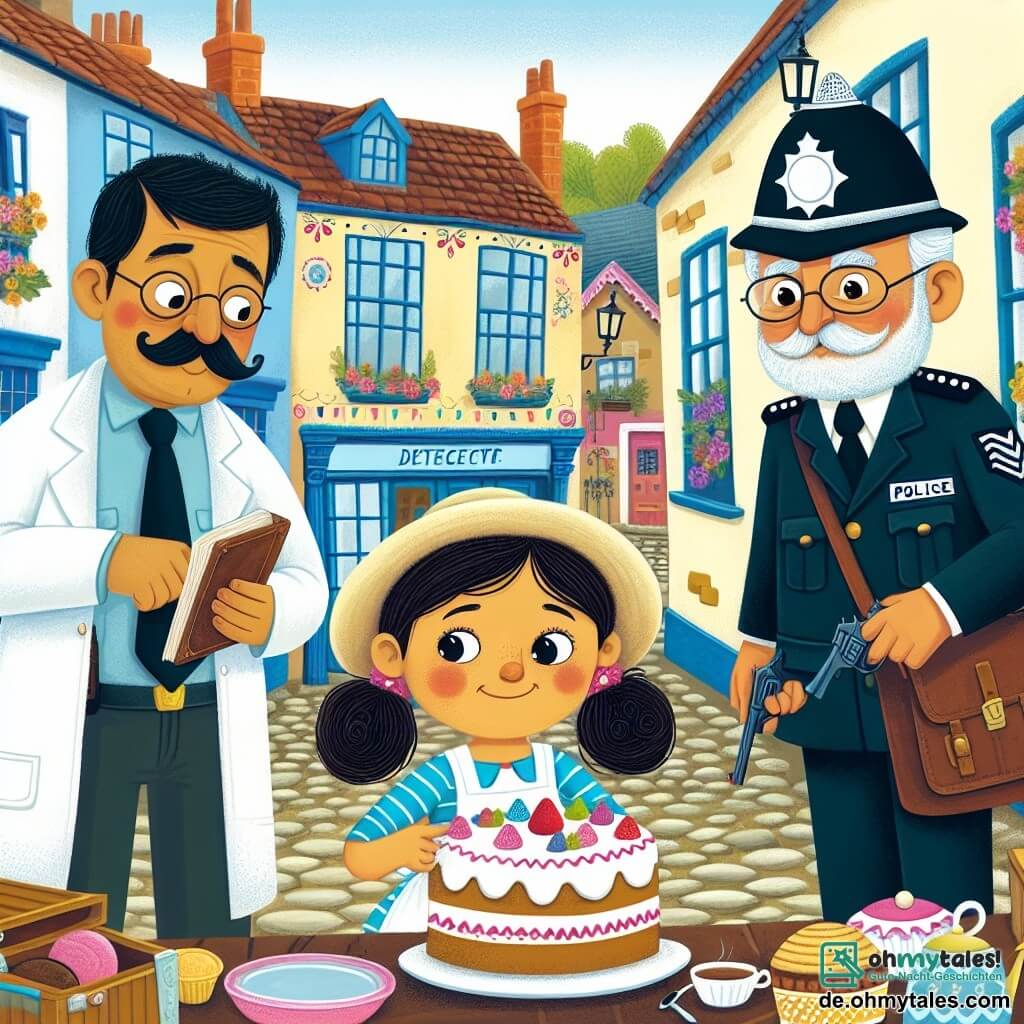 Une illustration destinée aux enfants représentant une jeune fille détective résolvant un mystère de vol de gâteaux avec l'aide d'un policier paternel, dans une petite ville pittoresque avec des rues pavées et des bâtiments colorés.