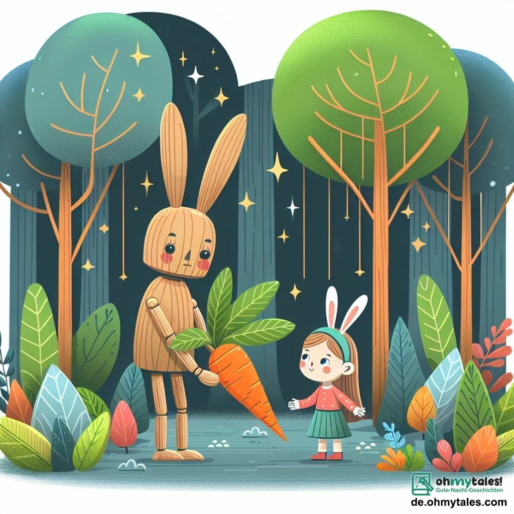 Une illustration destinée aux enfants représentant une marionnette en bois, aux yeux brillants d'émerveillement, aidant une petite fille lapin à déterrer une énorme carotte dans un magnifique et mystérieux Zauberwald aux arbres majestueux aux feuilles scintillantes de toutes les couleurs de l'arc-en-ciel.