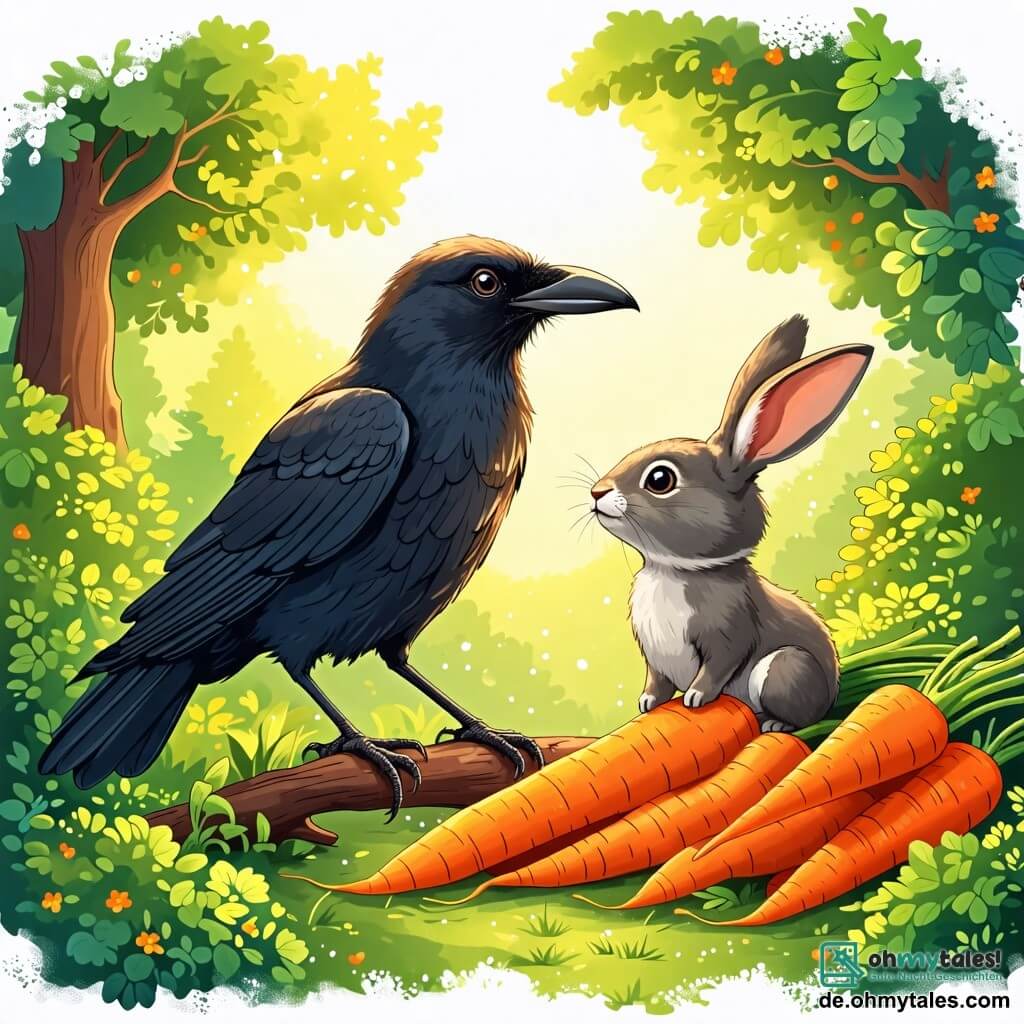 Une illustration sous forme de dessin destinée aux enfants représentant une clairière ensoleillée dans une forêt verdoyante, où un corbeau noir aux plumes brillantes et aux yeux pétillants se tient sur une branche basse, regardant avec bienveillance un petit lapin aux grandes oreilles et au pelage doux, qui s'approche joyeusement d'un tas de carottes orange éclatantes, symbolisant leur amitié et leur collaboration pour surmonter la faim.