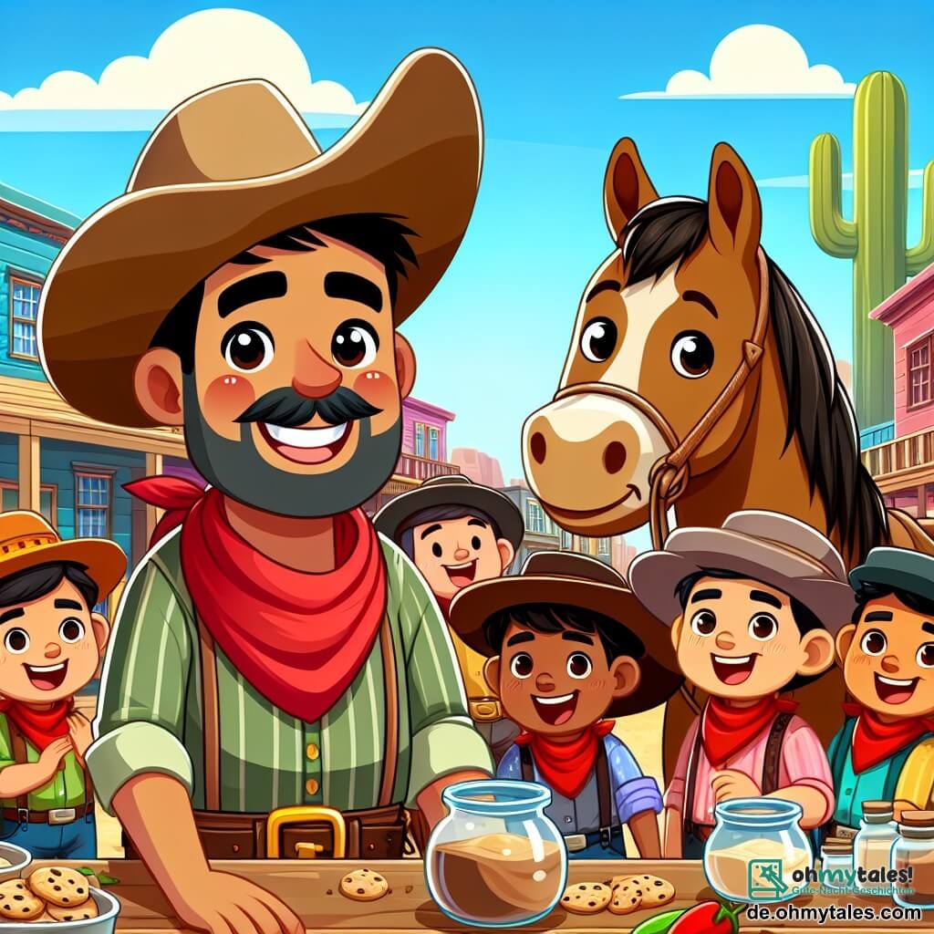 Une illustration sous forme de dessin destinée aux enfants représentant une scène animée dans une ville du Far West, avec un cowboy homme au grand chapeau légèrement incliné, un sourire amical et un foulard rouge autour du cou, debout à côté de son cheval brun aux yeux pétillants, tandis qu'un groupe de cowboys hommes aux vêtements colorés et aux visages joyeux se rassemblent autour d'une table en bois, préparant des ingrédients pour un concours de biscuits, le tout sous un ciel bleu éclatant et des cactus en arrière-plan, illustrant l'esprit de camaraderie et de partage.