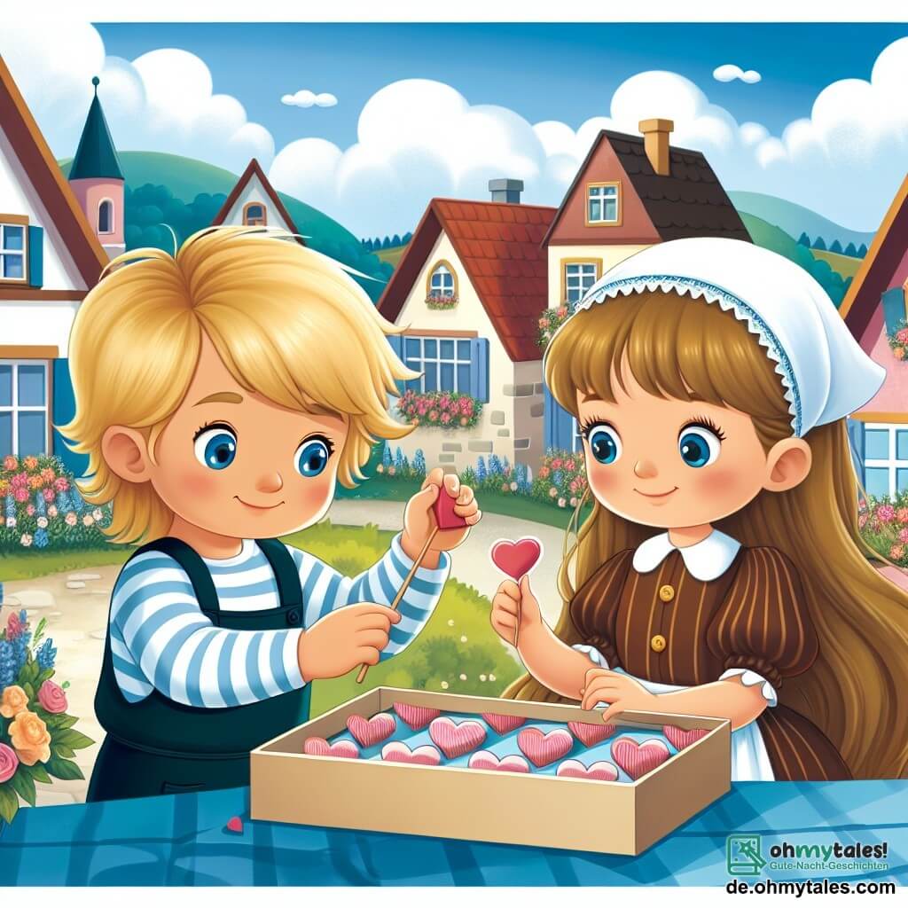 Une illustration destinée aux enfants représentant un petit garçon blond aux yeux bleus préparant une surprise de Saint-Valentin avec son amie, une fillette aux longs cheveux bruns, dans un pittoresque village aux maisons colorées et aux jardins fleuris.