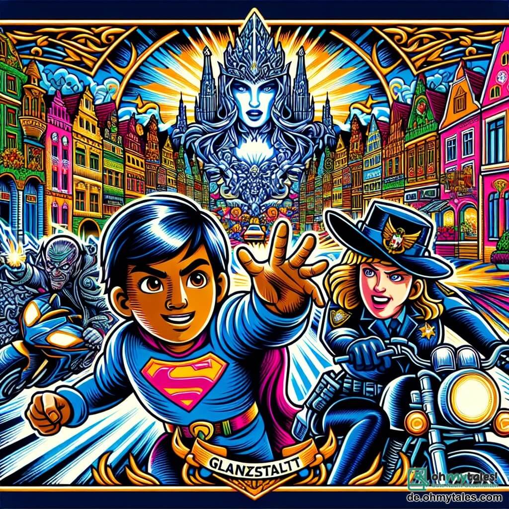 Une illustration destinée aux enfants représentant un jeune garçon doté de super-pouvoirs, accompagné d'une courageuse policière en moto, affrontant un méchant sorcier dans la vibrante ville de Glanzstadt.