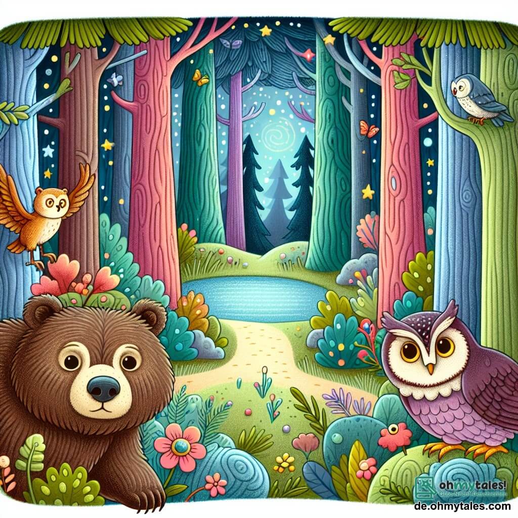 Une illustration destinée aux enfants représentant un ourson courageux, une sage chouette et une mystérieuse clairière aux arbres multicolores, tous situés au cœur d'une profonde forêt enchantée.