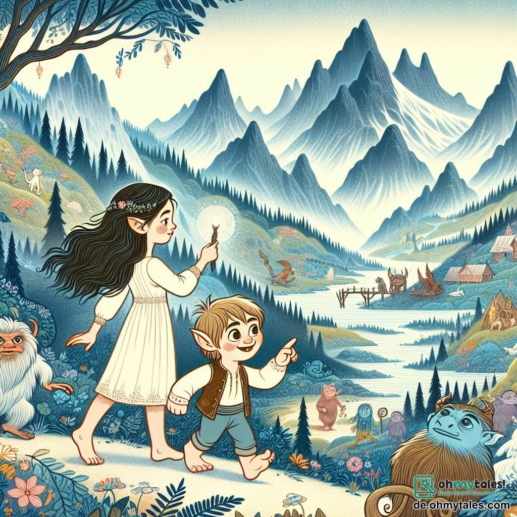 Une illustration destinée aux enfants représentant un jeune troll garçon, accompagné de sa sœur humaine, explorant un vallée magique entourée de montagnes majestueuses, où des créatures fantastiques vivent en harmonie.