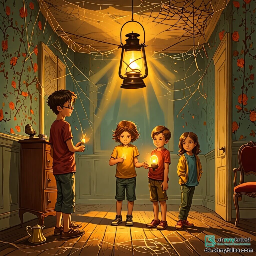 Illustration einer geheimnisvollen Szene in einer alten, spukenden Villa. Die Wände sind mit verblasster Tapete bedeckt, und Spinnweben hängen von den Ecken der Decke. Ein goldenes Licht strömt von einer alten Öllampe aus und wirft tanzende Schatten auf den abgenutzten Holzboden. Im Zentrum des Bildes stehen vier Kinder zusammen. Ein 11-jähriger Junge mit zerzausten braunen Haaren und einem roten T-Shirt hält eine Taschenlampe, seine Augen strahlen vor Aufregung. Neben ihm schaut ein anderer 11-jähriger Junge mit Brille und blonden Haaren neugierig in ein altes Lederbuch, das er in den Händen hält. Ein dritter, kleinerer Junge mit schwarzen Haaren und einem blauen Pullover zeigt ein staunendes Gesicht. Schließlich lächelt ein 11-jähriges Mädchen mit langen kastanienbraunen Haaren und einem Vintage-Kleid geheimnisvoll, während sie die Öllampe hält, die die Szene beleuchtet. Die Hauptsituation zeigt die Kinder, die das alte Buch entdecken, ein Symbol für Geheimnis und Abenteuer, während sie von einer Atmosphäre aus Magie und Halloween-Schauer umgeben sind. Zusätzliche grafische Elemente umfassen skizzierte Geisterschatten an den Wänden, geschnitzte Kürbisse mit lächelnden Gesichtern und verstreute trockene Blätter auf dem Boden, die zur bezaubernden Stimmung der Szene beitragen.