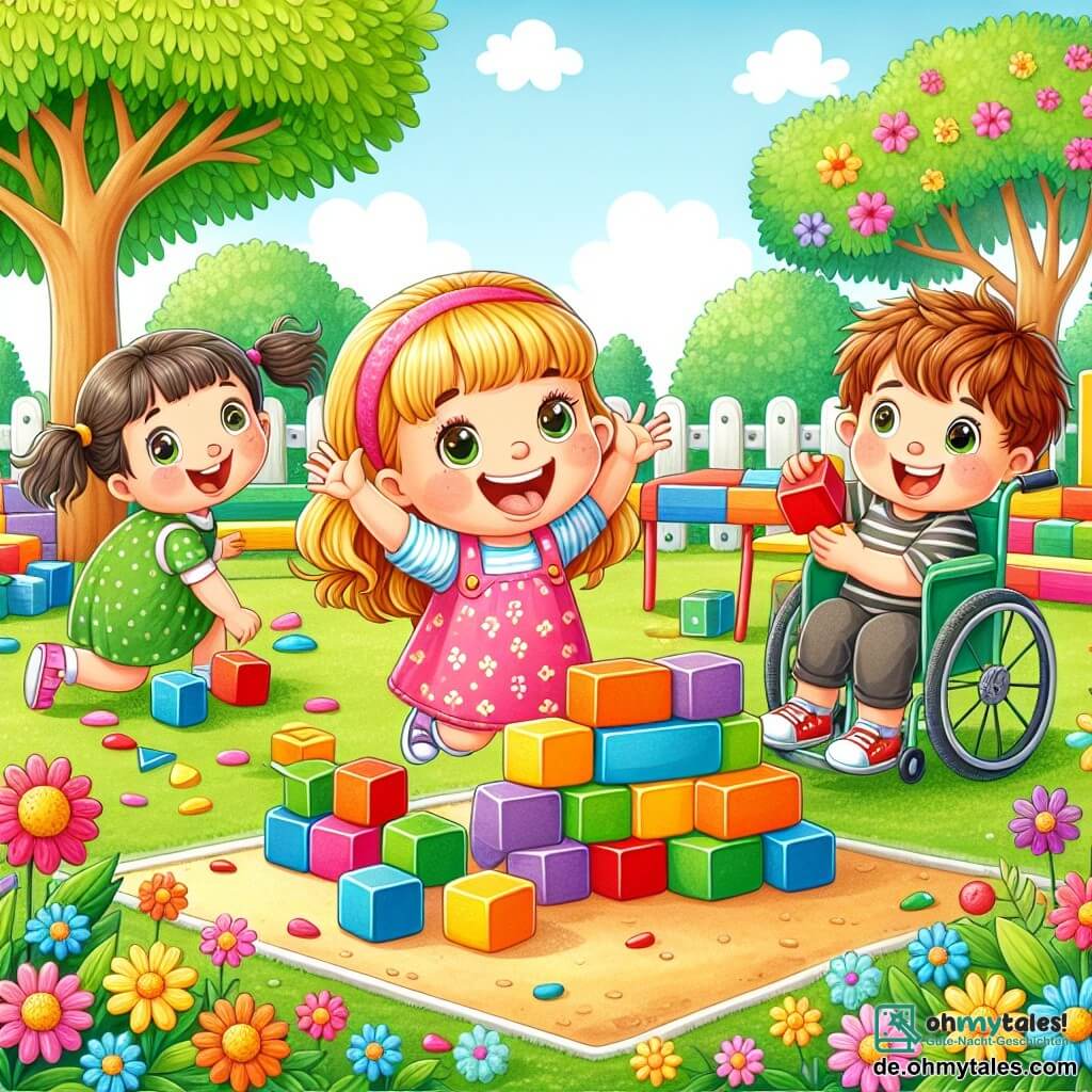 Illustration einer fröhlichen Szene in einem kleinen, bunten Kindergarten. Der Boden ist mit grünem Moos bedeckt, und bunten Blumen säumen die Ränder, während ein großer Baum mit leuchtenden Blättern Schatten spendet. Im Mittelpunkt spielen drei Freunde. Ein etwa 5-jähriges Mädchen mit langen blonden Haaren und Zöpfen trägt ein rosa Kleid mit weißen Punkten. Sie lacht laut, die Arme in die Luft erhoben, voller Energie. Neben ihr läuft ein 6-jähriger Junge mit zerzausten braunen Haaren und einem blauen T-Shirt um einen großen Haufen bunter Blöcke, seine Augen funkeln vor Aufregung. Schließlich sitzt ein 7-jähriger Junge im Rollstuhl, hat kastanienbraune Haare und trägt ein gestreiftes Hemd. Er lächelt breit und hält einen roten Block in den Händen, bereit, ihn auf die Spitze ihres Bauwerks zu setzen. Die Hauptsituation zeigt die Freunde, die ein großes und instabiles Schloss aus Blöcken bauen, mit Teilen in verschiedenen Farben, die übereinander gestapelt sind. Einige Blöcke sind bereits umgefallen, und die Mimik ihrer Gesichter zeigt sowohl Konzentration als auch Spaß. Im Hintergrund sind verstreute Spielzeuge und andere Kinder zu sehen, was zur fröhlichen und spielerischen Atmosphäre des Ortes beiträgt.