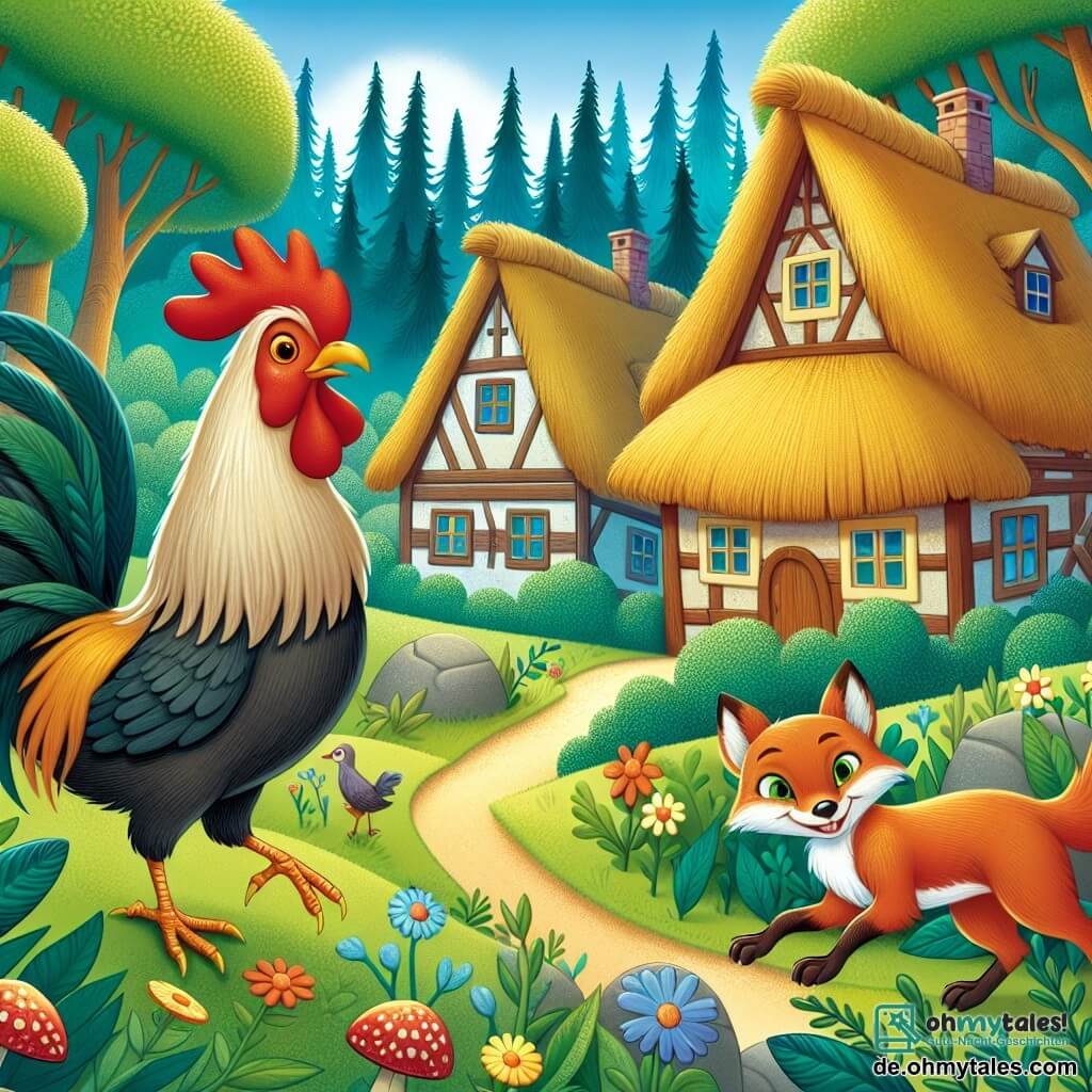 Une illustration destinée aux enfants représentant un coq courageux, perdu dans un mystérieux bois enchanté, accompagné d'un renard malicieux, dans un village pittoresque nommé Hahnendorf, où les maisons aux toits de chaume se nichent parmi les arbres verdoyants.