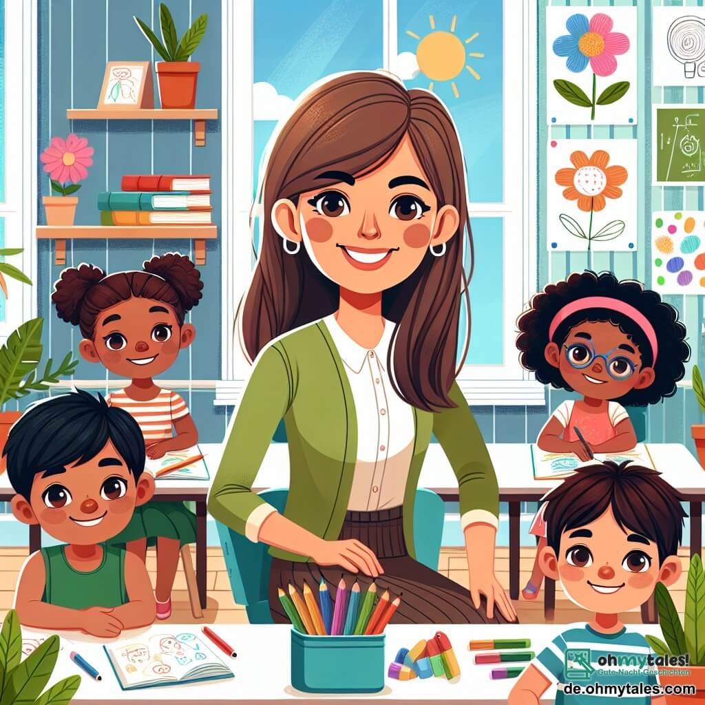 Une illustration destinée aux enfants représentant une jeune institutrice souriante, entourée de ses élèves, dont Max, un garçon curieux, dans une salle de classe lumineuse et colorée, remplie de livres, dessins et plantes vertes, évoquant un espace chaleureux et accueillant pour apprendre.