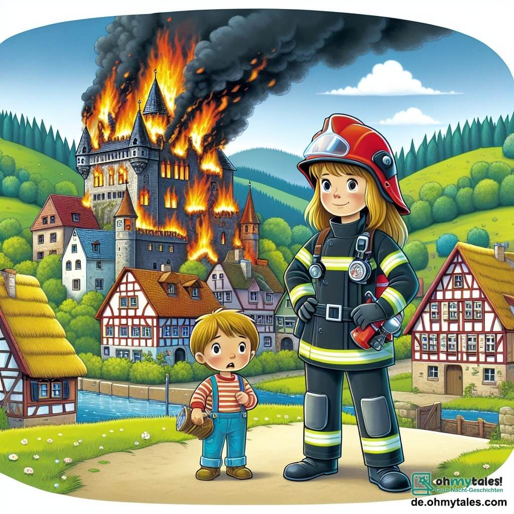 Une illustration destinée aux enfants représentant une courageuse femme pompier se tenant fièrement devant un vieux château en flammes, avec un petit garçon effrayé à ses côtés, dans le village pittoresque de Sonnenberg, entouré de collines verdoyantes et de maisons colorées aux toits de chaume.