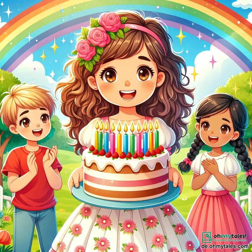 Une illustration sous forme de dessin destinée aux enfants représentant une fête d'anniversaire colorée dans un jardin ensoleillé, avec une fille de 11 ans aux cheveux bruns et bouclés, portant une robe à fleurs, souriante et tenant un grand gâteau décoré de bougies, entourée de ses deux amis : un garçon aux cheveux blonds et courts, vêtu d'un t-shirt rouge, qui s'apprête à souffler les bougies avec enthousiasme, et une fille aux cheveux noirs tressés, portant une jupe rose, qui applaudit joyeusement, tandis qu'un magnifique arc-en-ciel brille au-dessus d'eux, ajoutant une touche magique à cette scène festive.