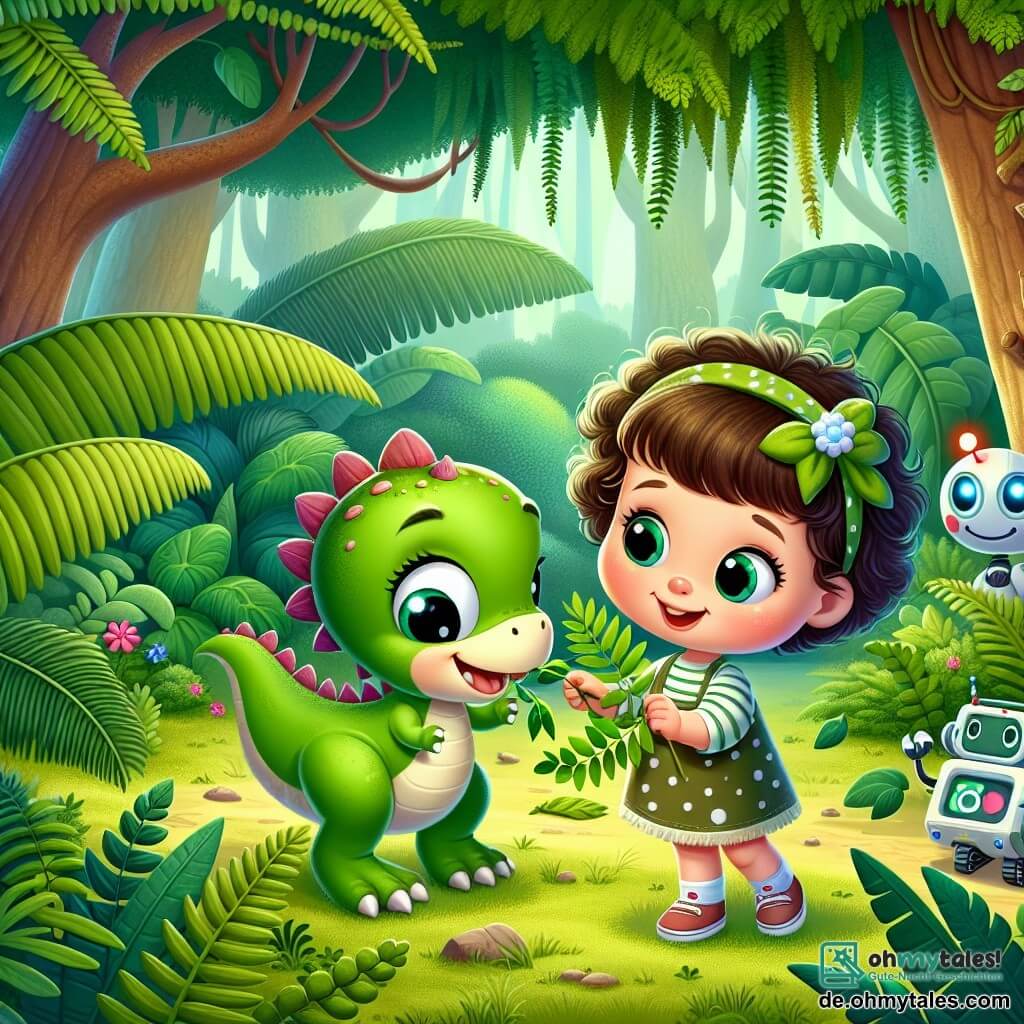 Une illustration sous forme de dessin destinée aux enfants représentant une vaste forêt préhistorique avec de grands arbres verts et des fougères luxuriantes, où une petite fille de 3 ans aux grands yeux curieux et aux cheveux bouclés joue joyeusement, tenant des feuilles dans ses mains pour nourrir un adorable bébé dinosaure, qui est un petit herbivore avec une peau verte et des yeux brillants, tandis qu'un robot amical, de petite taille avec des lumières clignotantes et un sourire, observe la scène avec enthousiasme, capturant l'instant magique où la fillette aide le dinosaure blessé à se sentir mieux.