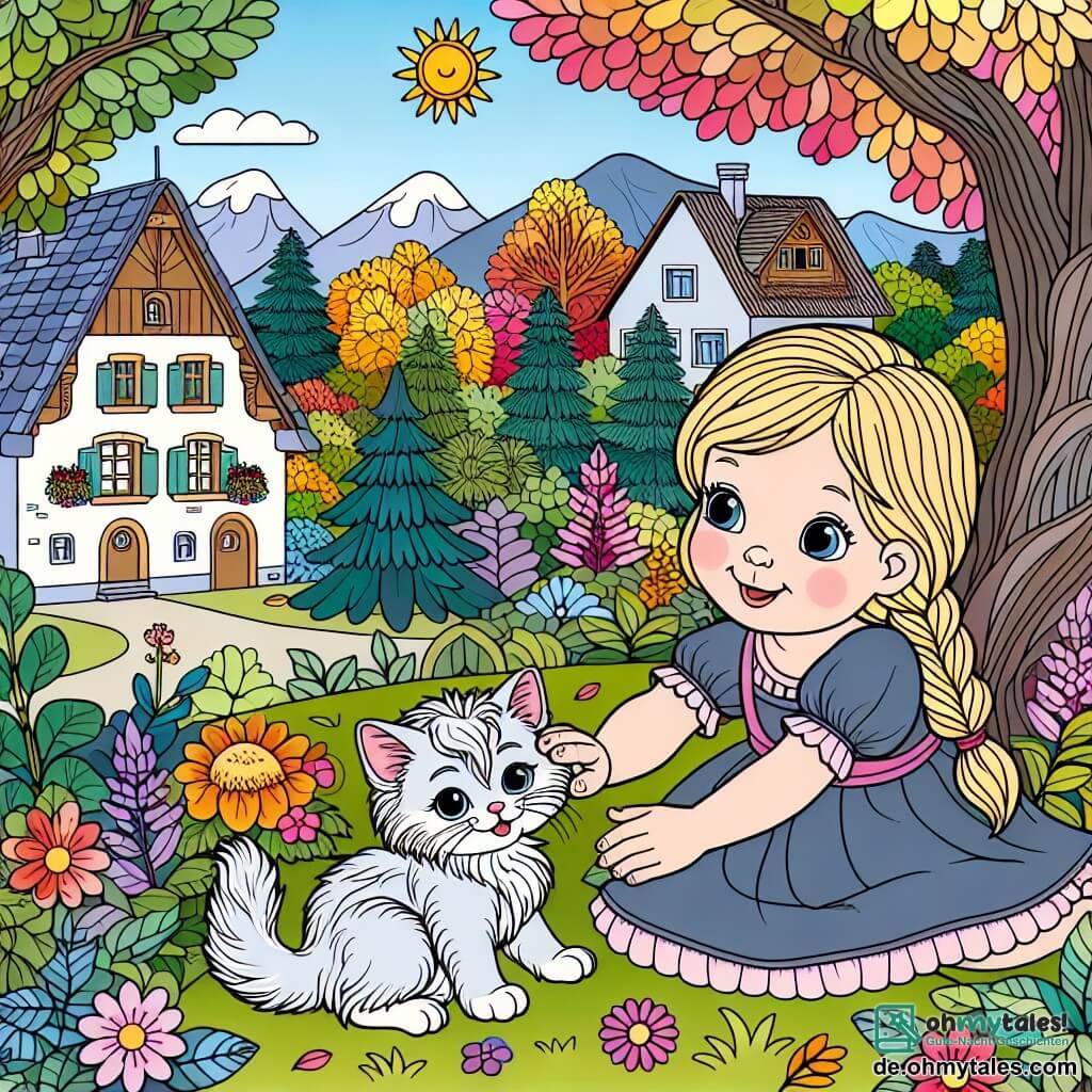 Une illustration destinée aux enfants représentant une fille blonde jouant avec une petite chatte argentée parmi les arbres aux feuilles multicolores d'un village appelé Sonnenblick.